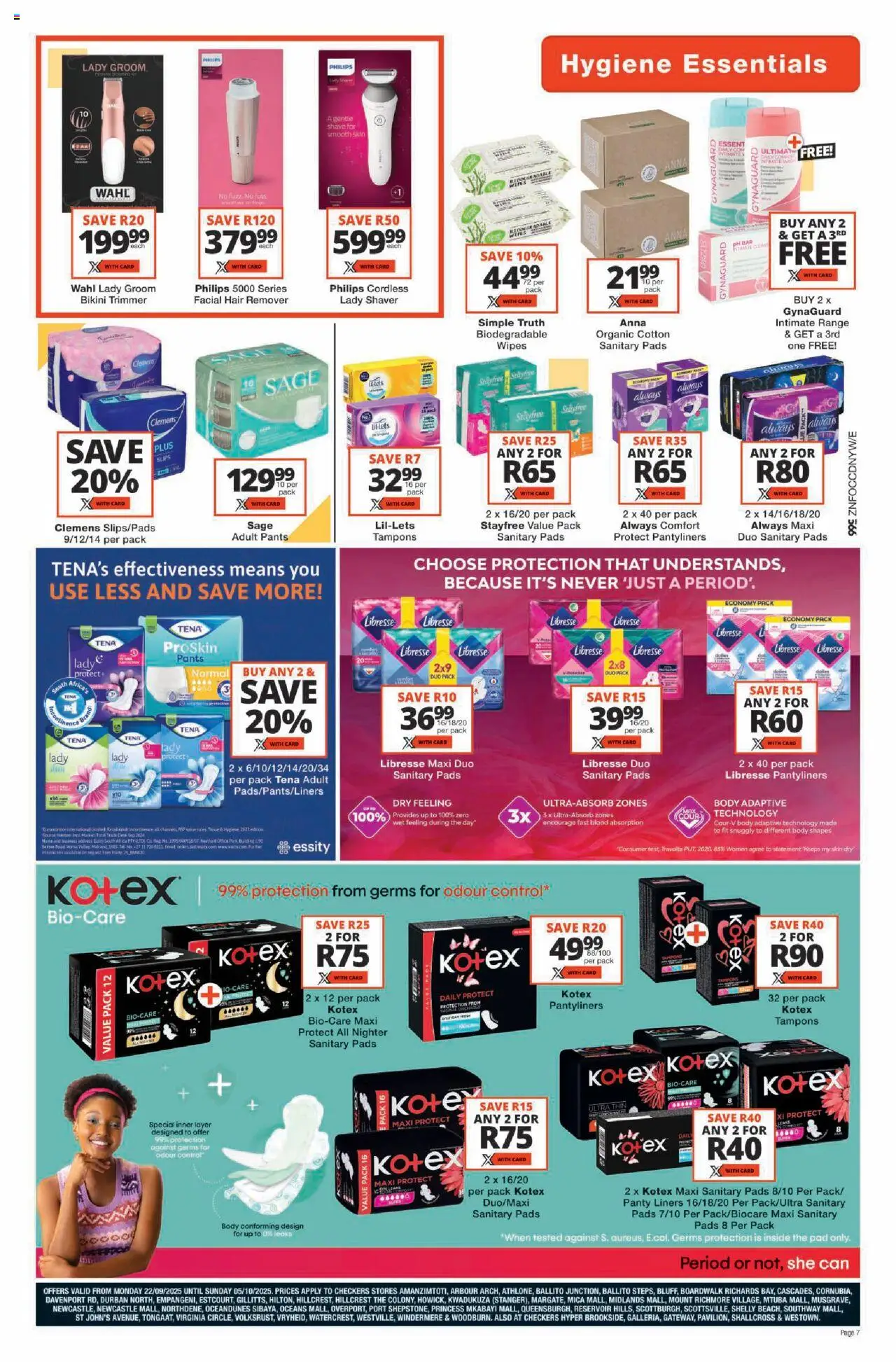 New Checkers catalogue – valid from 22.09.2025 | Page: 7 | Products: Pants, Intimate wash, Pads, Panty liners