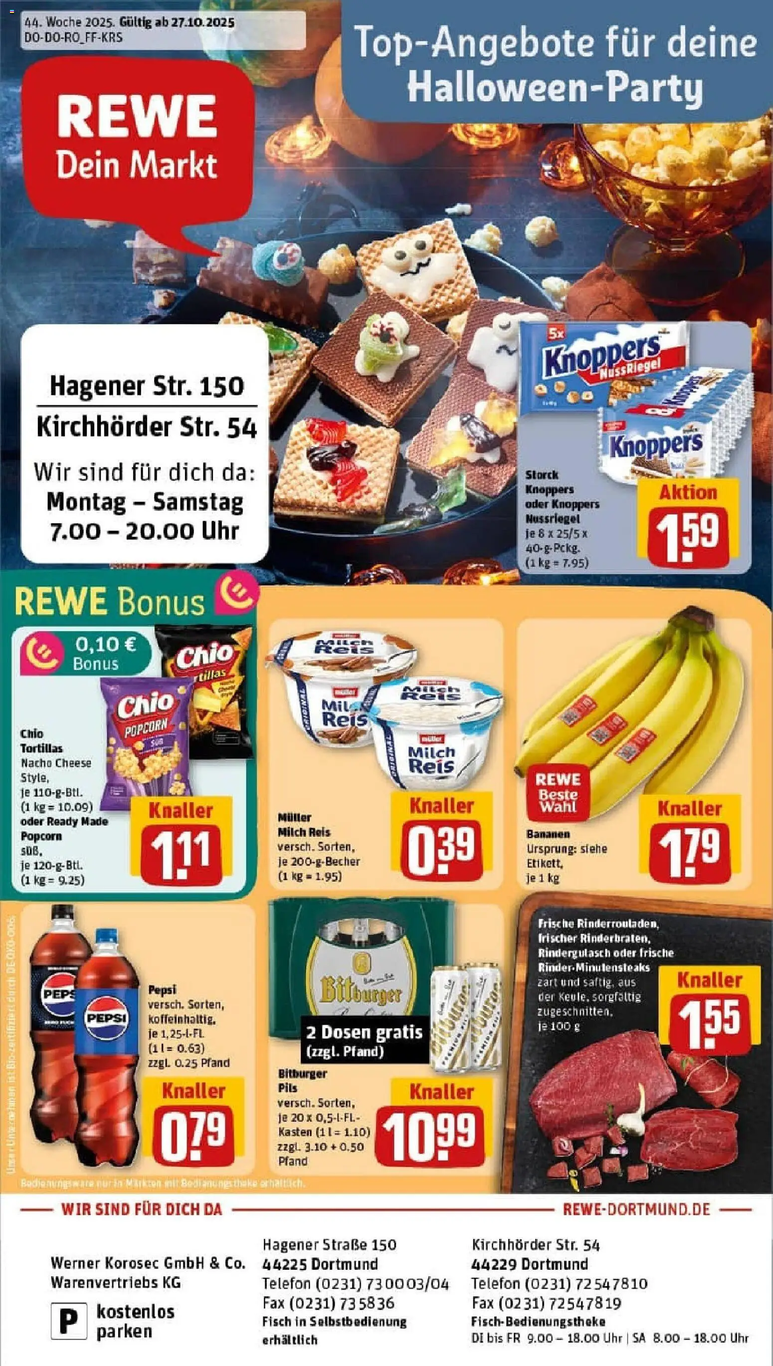 Rewe prospekt Dortmund	 – gültig ab 26.10.2025 | Seite: 1 | Produkte: Knoppers, Chio tortillas, Reis, Uhr
