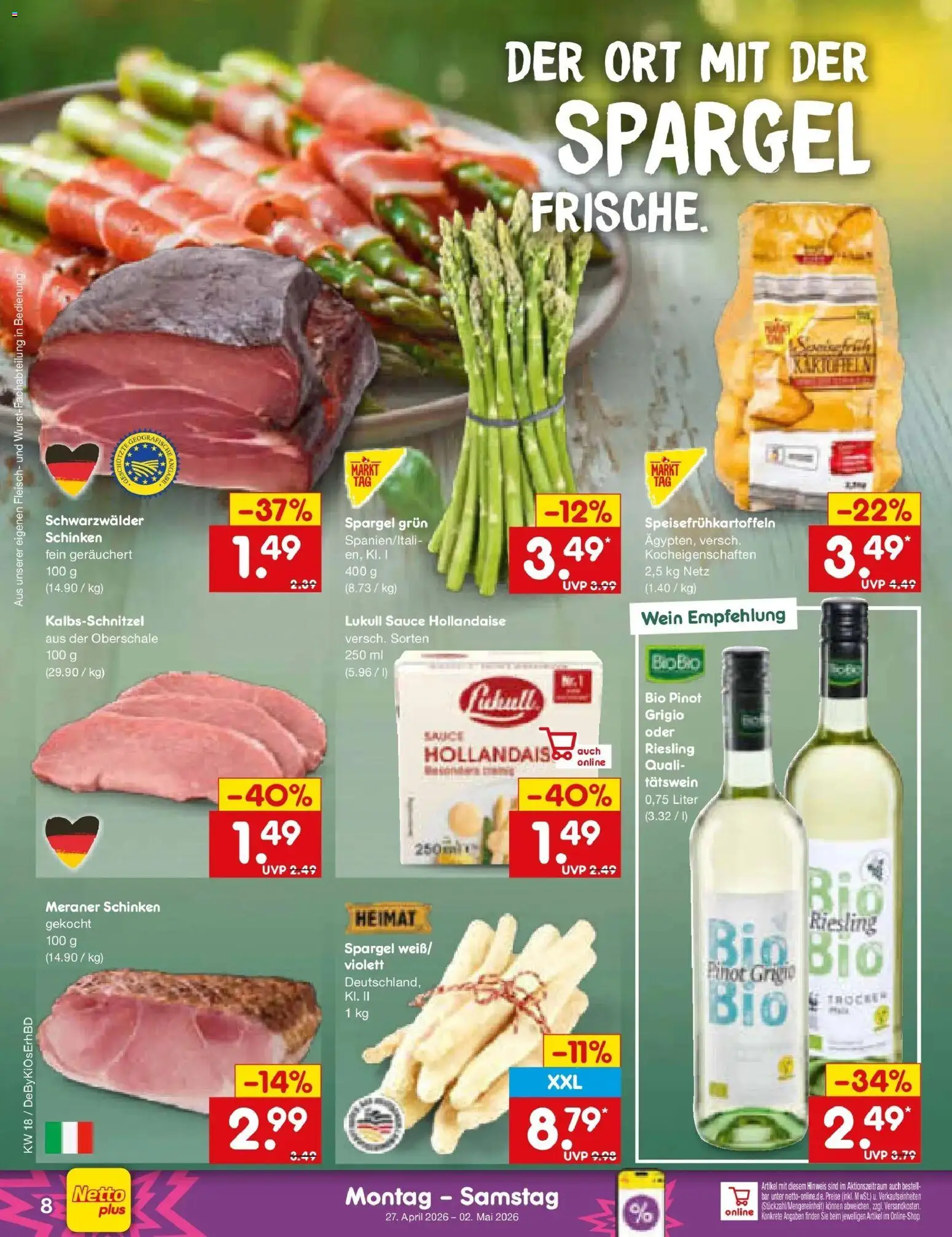 Netto Marken-Discount Prospekt Ergolding	 – gültig ab 27.04.2026 | Seite: 10 | Produkte: Spargel, Schinken, Wein, Fleisch