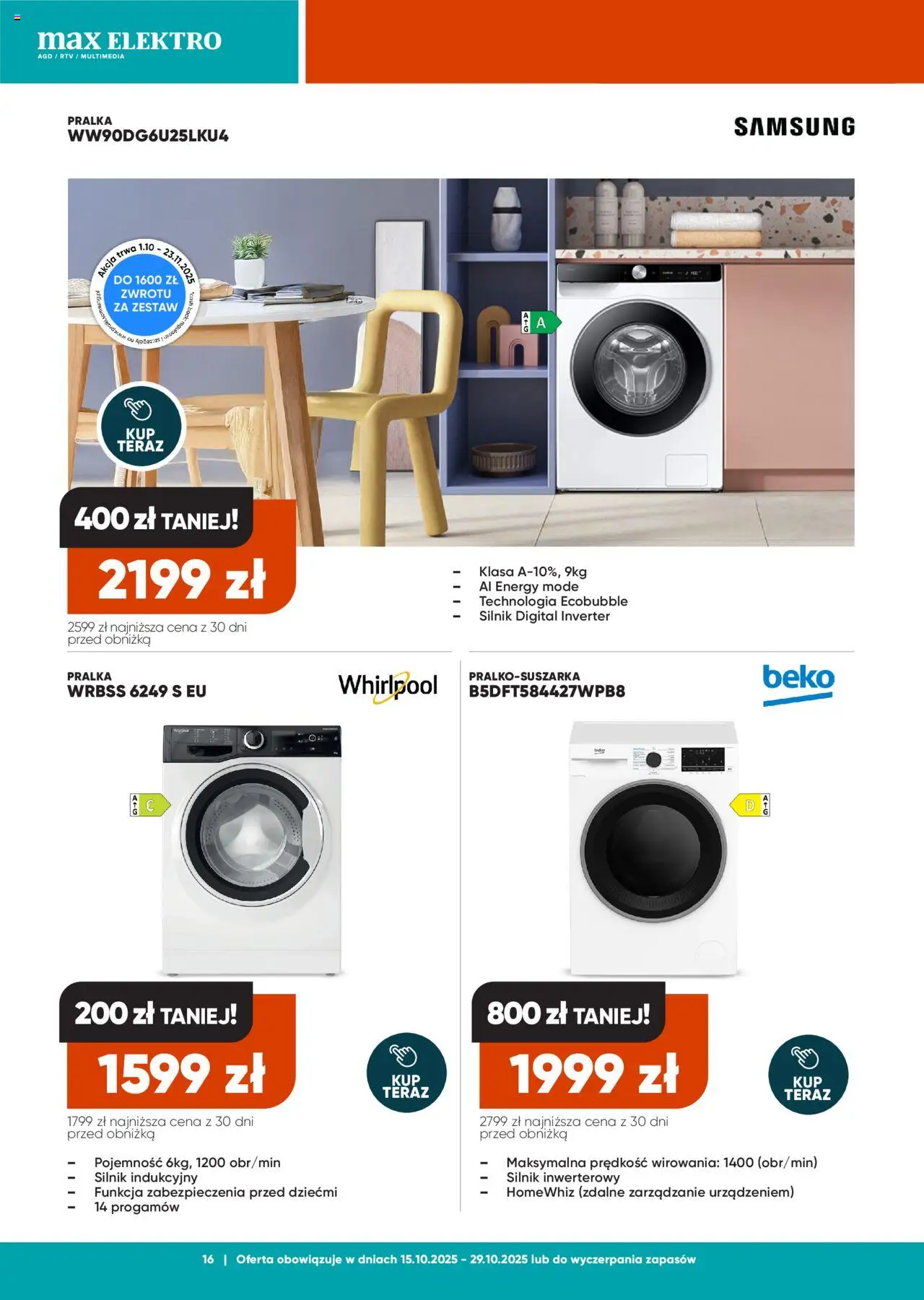 Max elektro Gazetka od 15.10.2025 | Strona: 16 | Produkty: Pralka