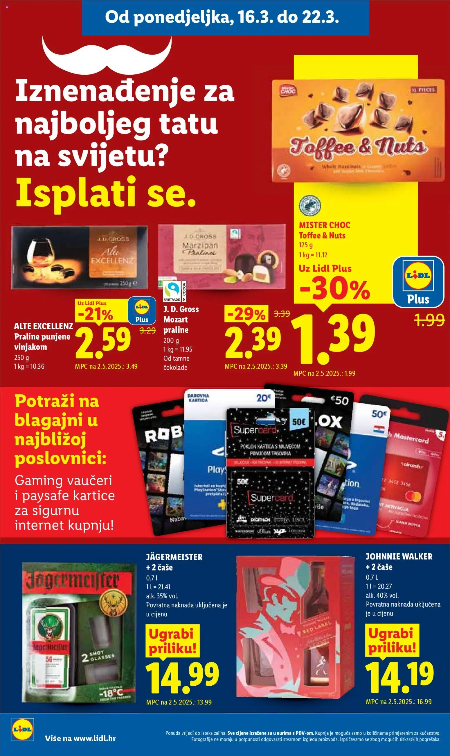 Lidl katalog | vrijedi od 16.03.2026 | Stranica: 8 | Proizvodi: Johnnie Walker, Praline, Med, Čaše