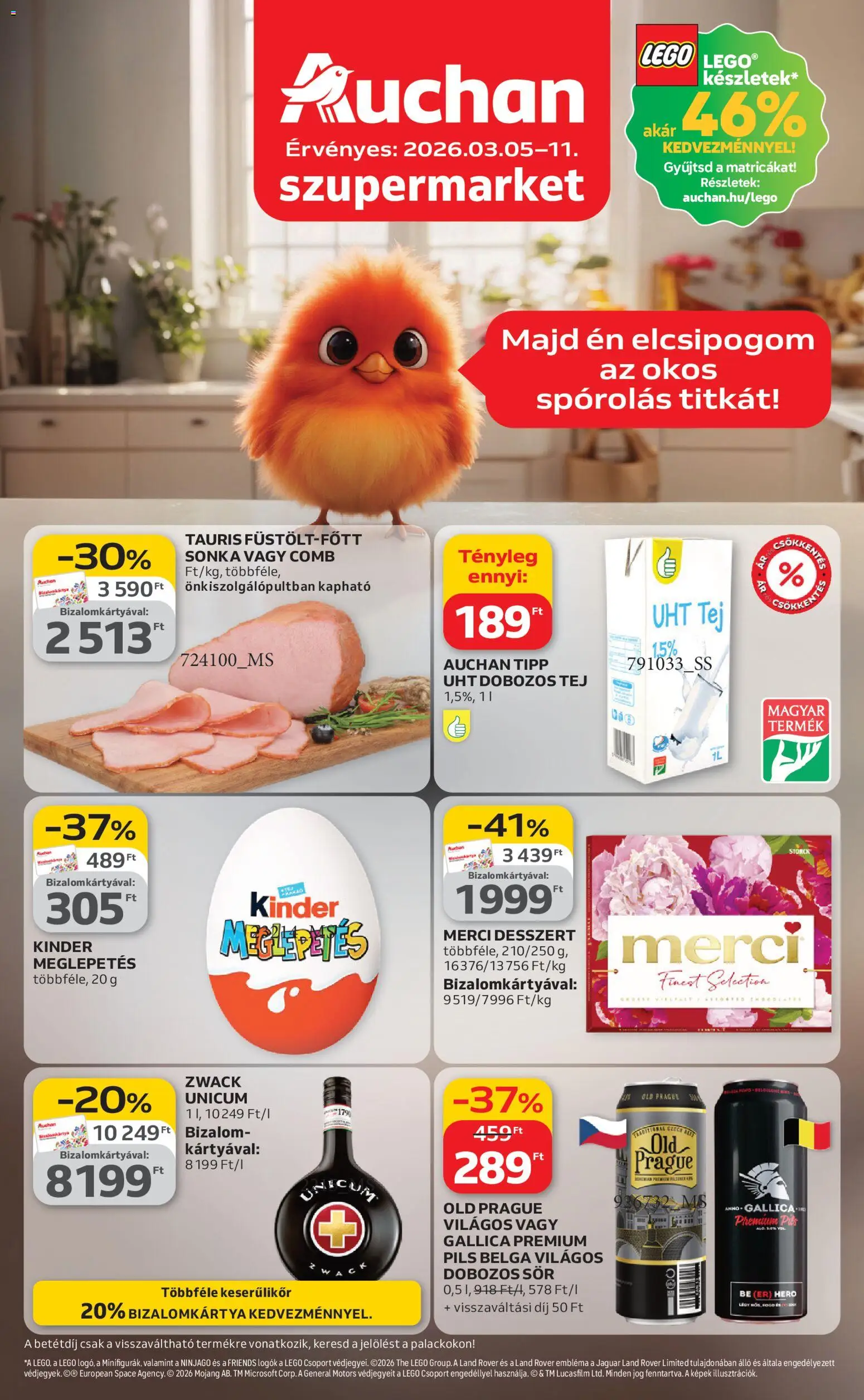 Auchan akciós ujság - amely érvényes a következő dátumtól: 05.03.2026 | Oldal: 1 | Termékek: Sonka, Tej, Dobozos sör, Sör