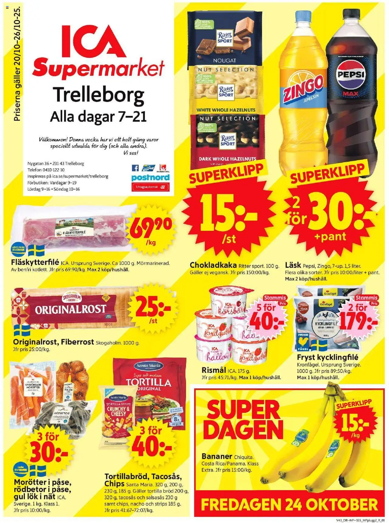 ICA Supermarket reklamblad aktuell från 20.10.2025 | Sida: 1 | Produkter: Galler, Pepsi, Bröd, Gul lök
