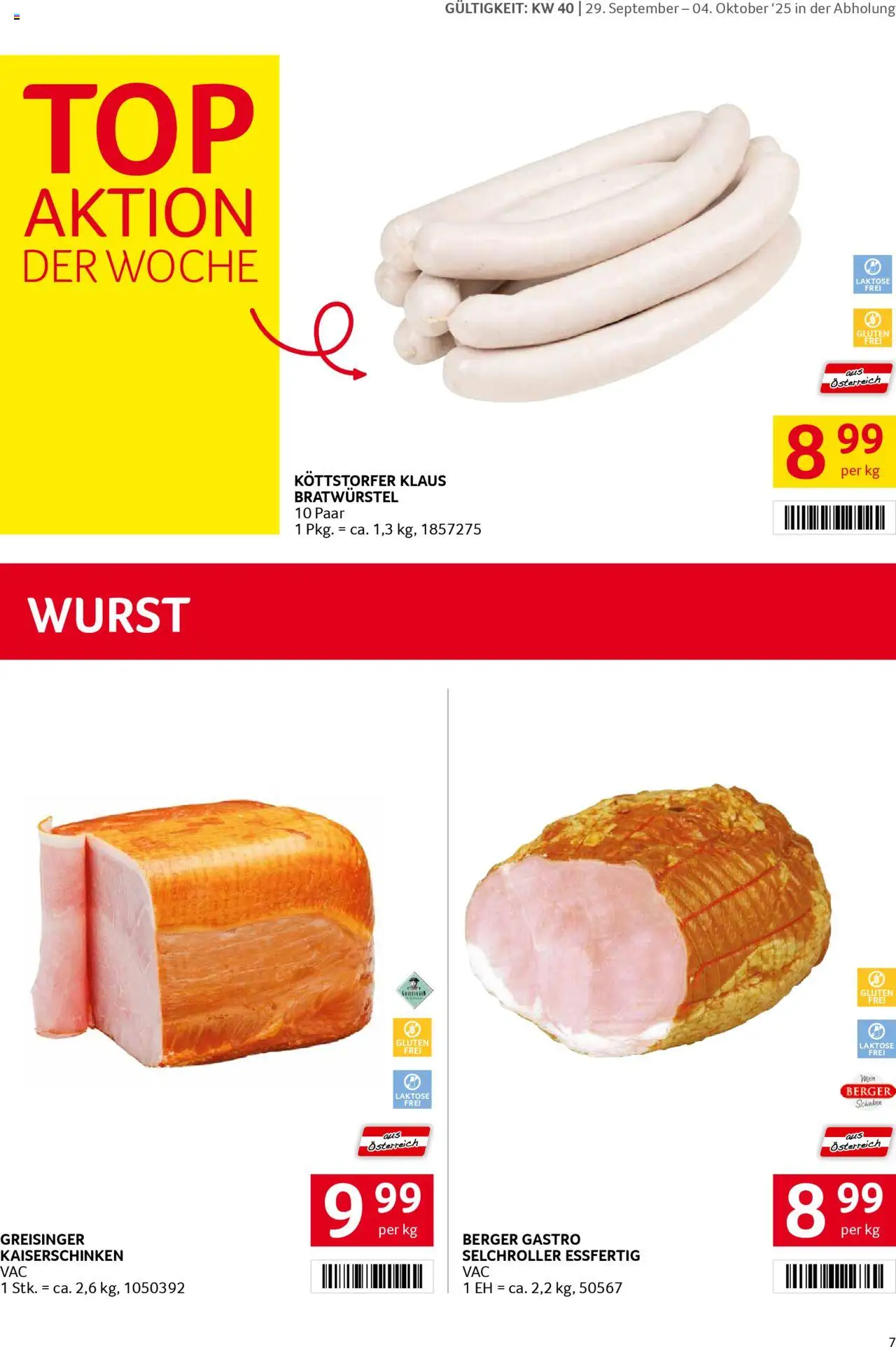 Transgourmet Flugblatt gültig ab 28.09.2025 | Seite: 7 | Produkte: Wurst, Schinken