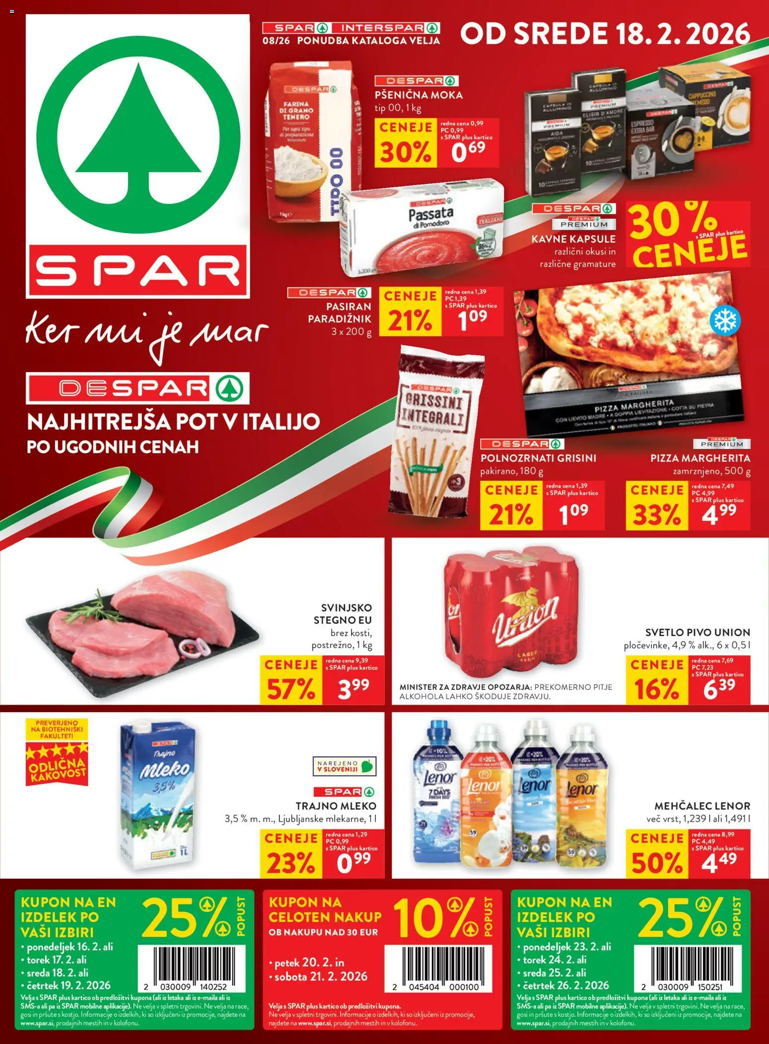 Novi Spar katalog ponudbe – veljaven od 18.02.2026 | Stran: 1 | Izdelki: Grisini, Mehčalec, Moka, Mleko
