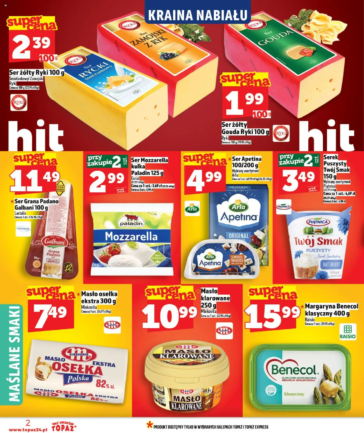 Topaz Gazetka MAZ od 26.02.2026 | Strona: 2 | Produkty: Ser żółty, Serek, Ser grana padano, Masło