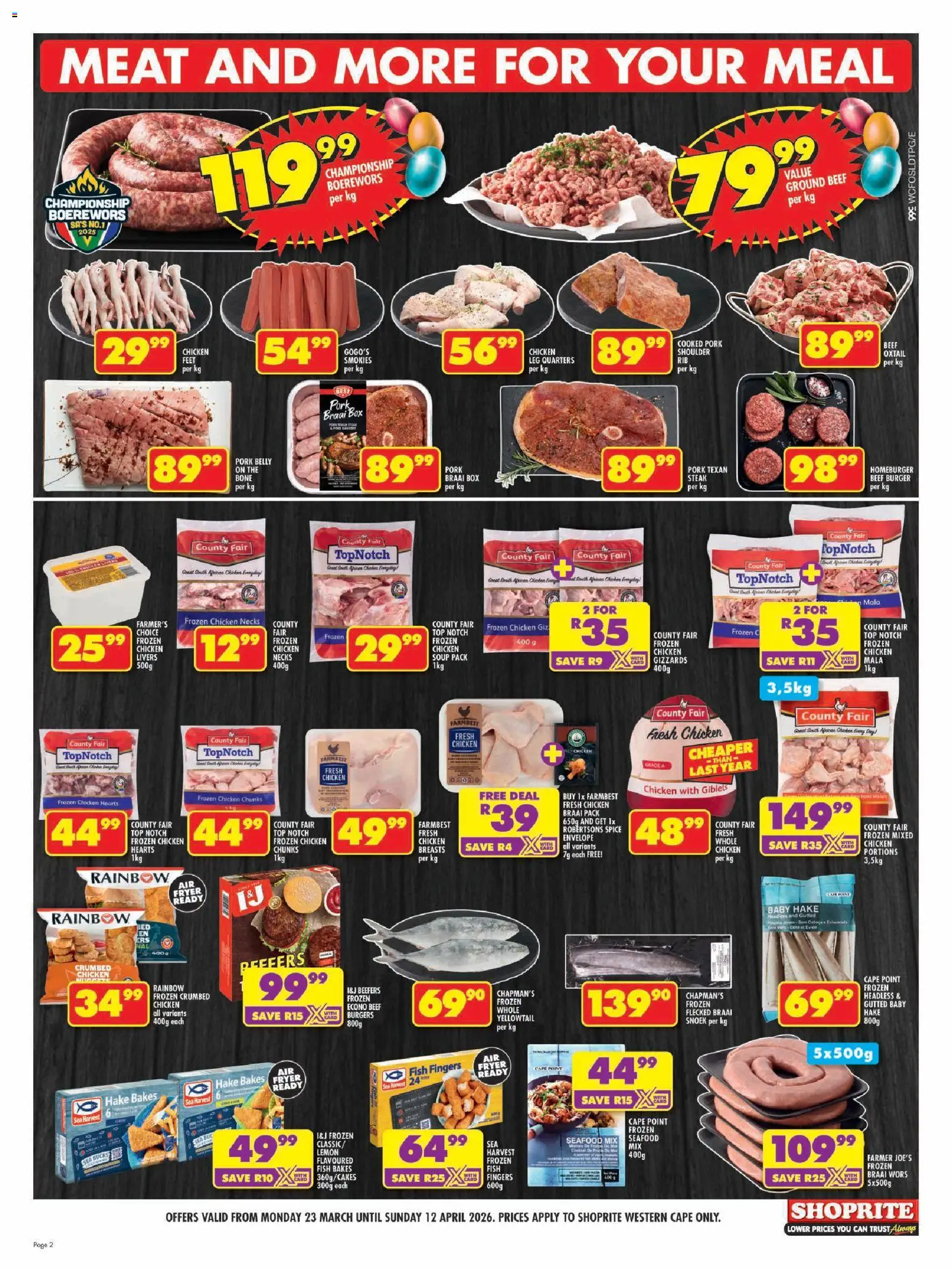 New Shoprite catalogue – valid from 23.03.2026 | Page: 2 | Products: Fryer, Chicken, Pork, Lemon