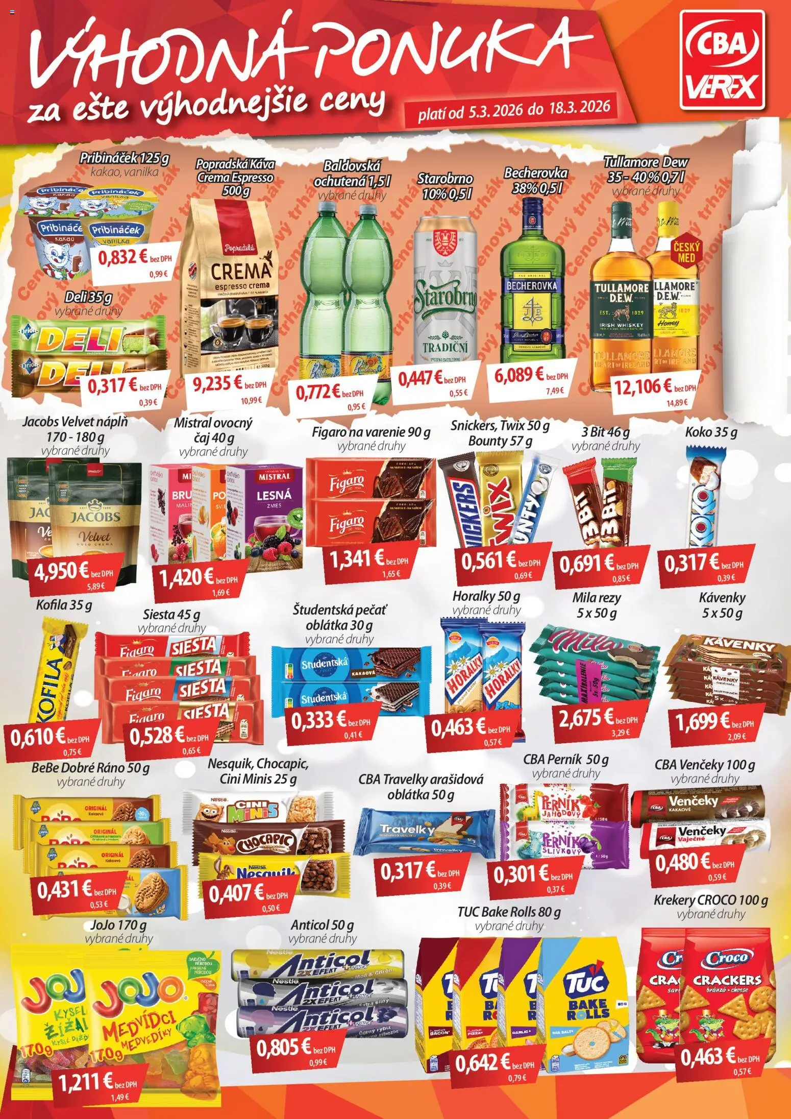 Nové CBA Verex akcie – leták je platný od 05.03.2026 | Strana: 1 | Produkty: Becherovka, Káva, Popradská káva, Mila