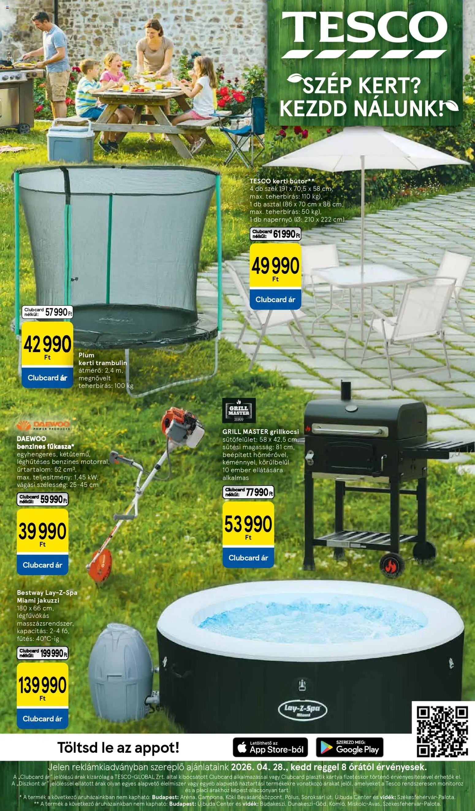 Tesco akciós ujság - amely érvényes a következő dátumtól: 28.04.2026 | Oldal: 1 | Termékek: Grill, Asztal, Napernyő, Trambulin