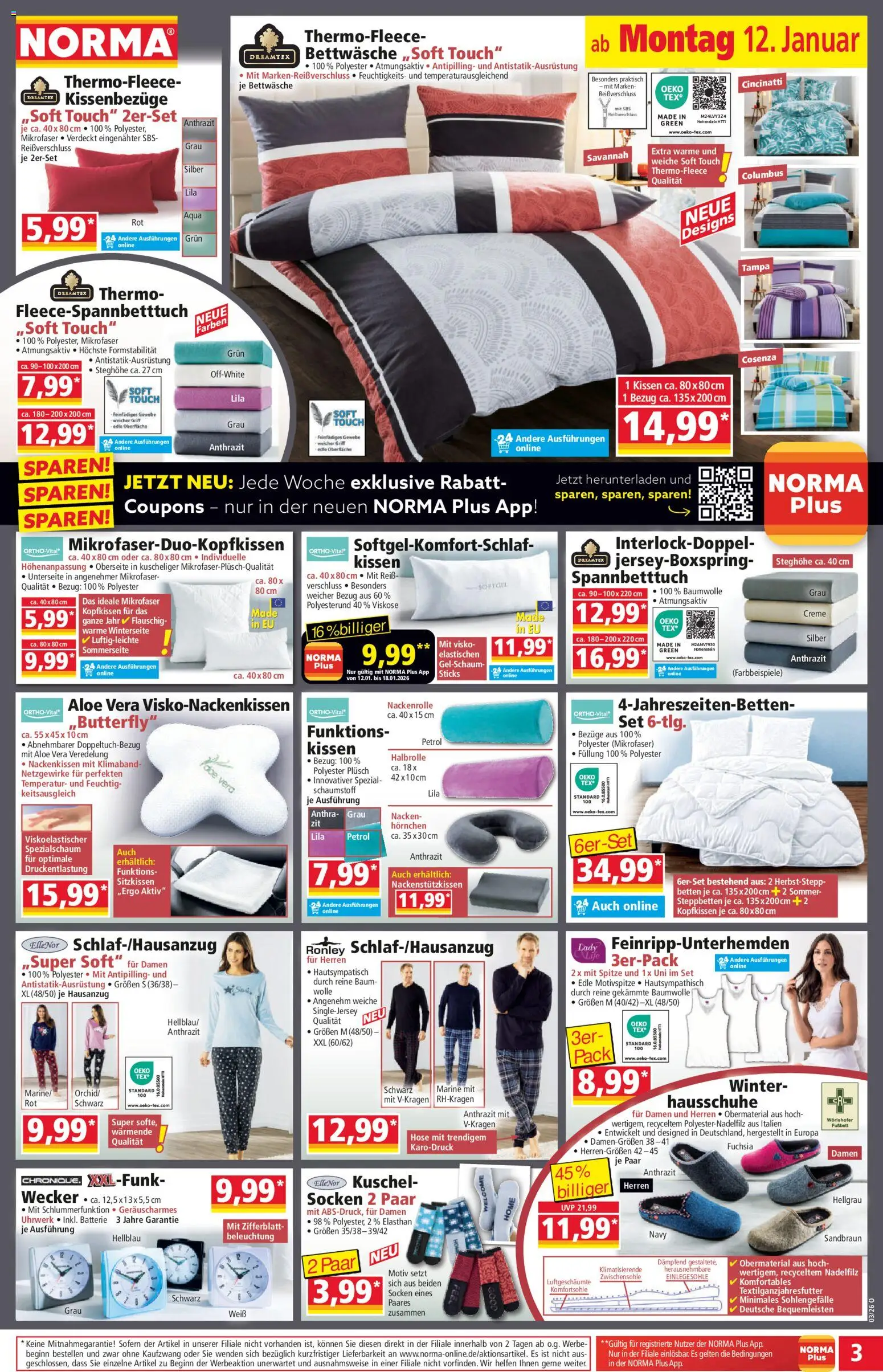 Norma Prospekt 	 – gültig ab 12.01.2026 | Seite: 3 | Produkte: Kissen, Bettwäsche, Creme, Hose