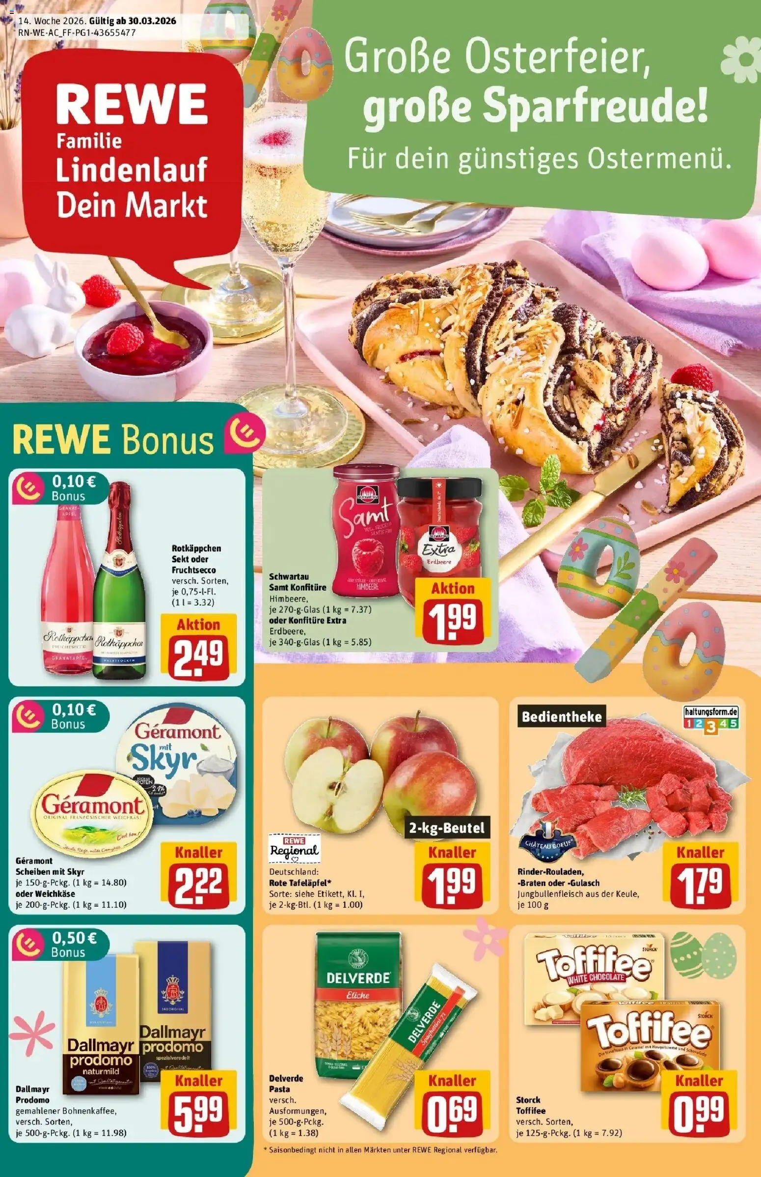 Rewe Prospekt Heinsberg / Oberbruch	 – gültig ab 30.03.2026 | Seite: 1 | Produkte: Schwartau samt, Sekt, Skyr, Pasta