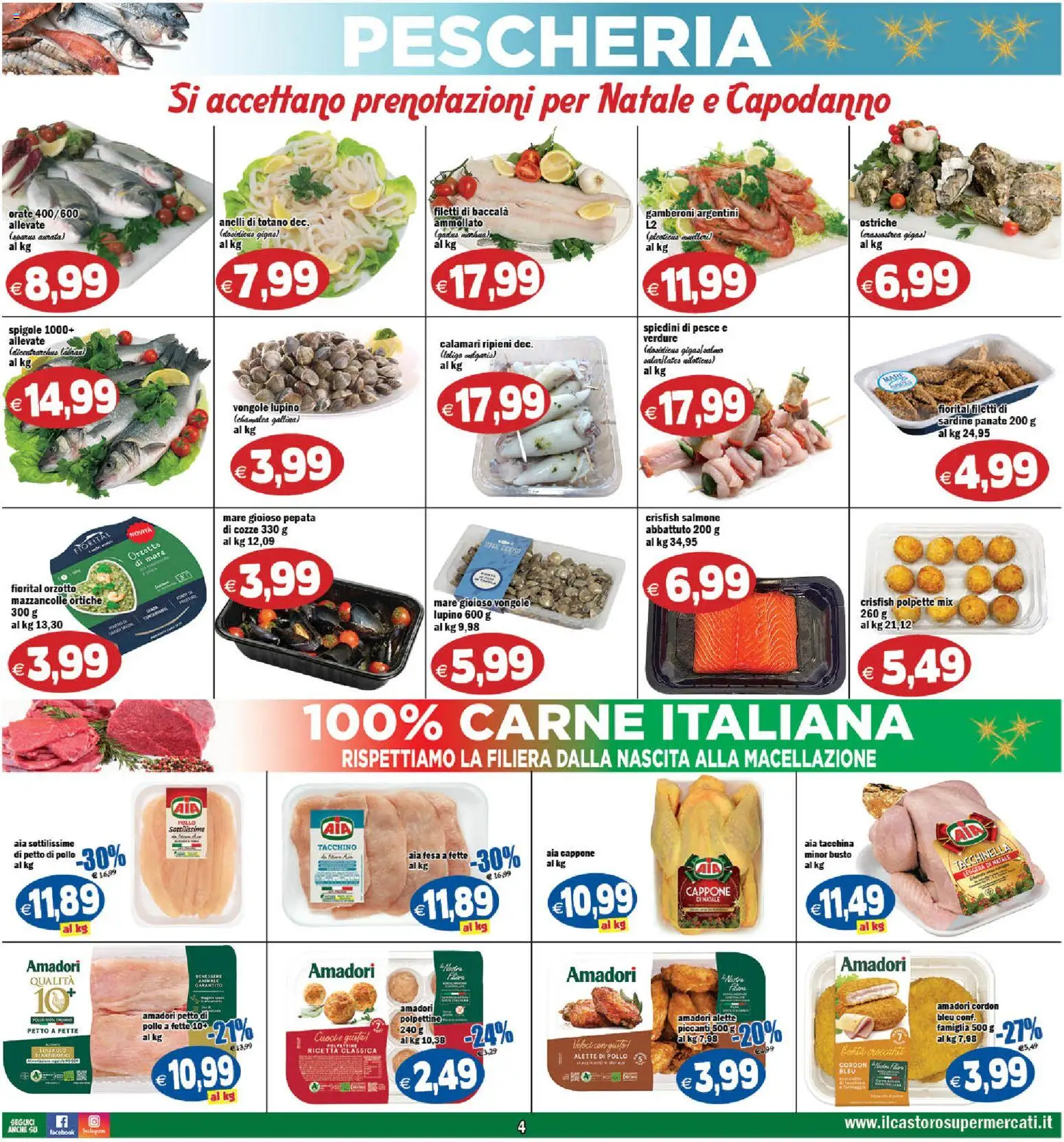 Volantino Il Castoro del 16.12.2025 | Pagina: 4 | Prodotti: Vongole, Mazzancolle, Calamari, Tacchino