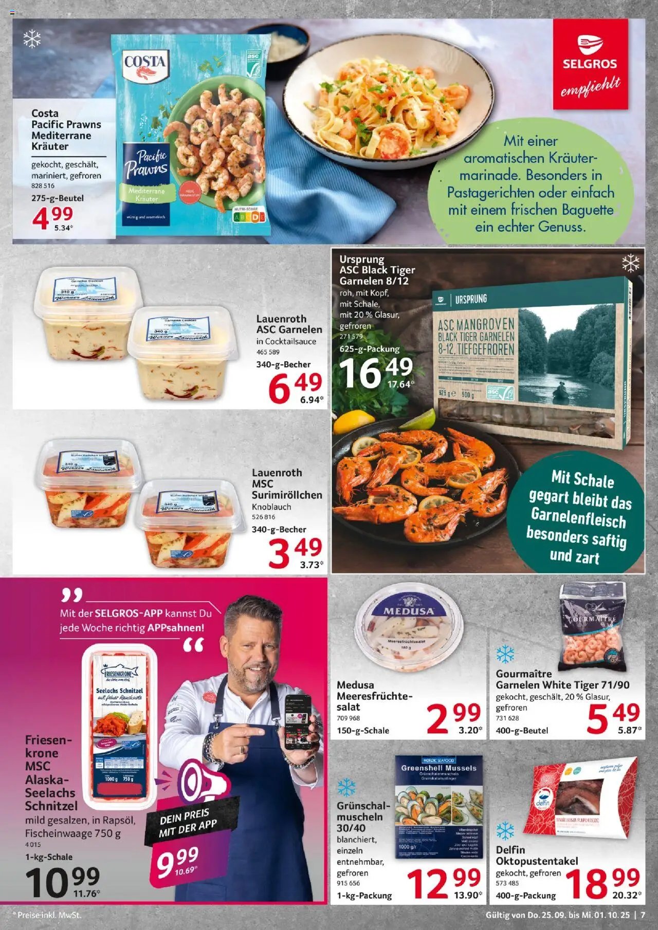 Selgros Prospekt 	 – gültig ab 25.09.2025 | Seite: 7 | Produkte: Baguette, Garnelen, Meeresfrüchte, Knoblauch