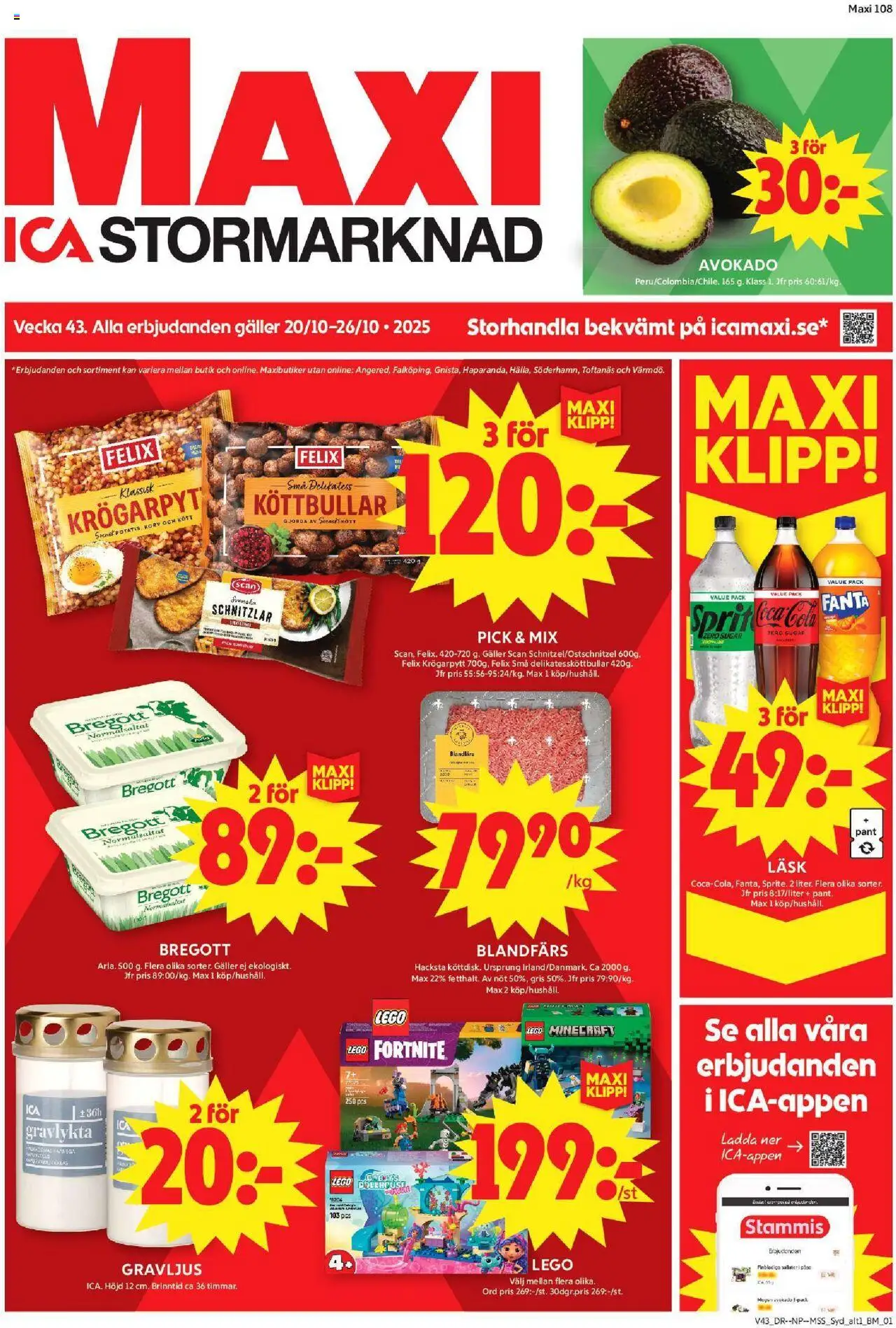 ICA Maxi reklamblad aktuell från 20.10.2025 | Sida: 1 | Produkter: Köttbullar, Bregott, Coca cola, Fanta