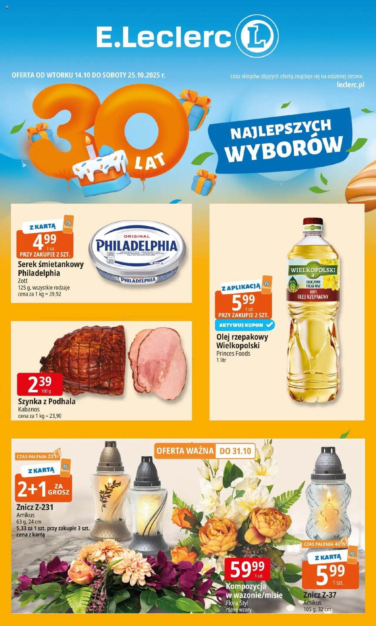 E.Leclerc Gazetka od 14.10.2025 | Strona: 1 | Produkty: Karta, Olej rzepakowy, Szynka, Olej