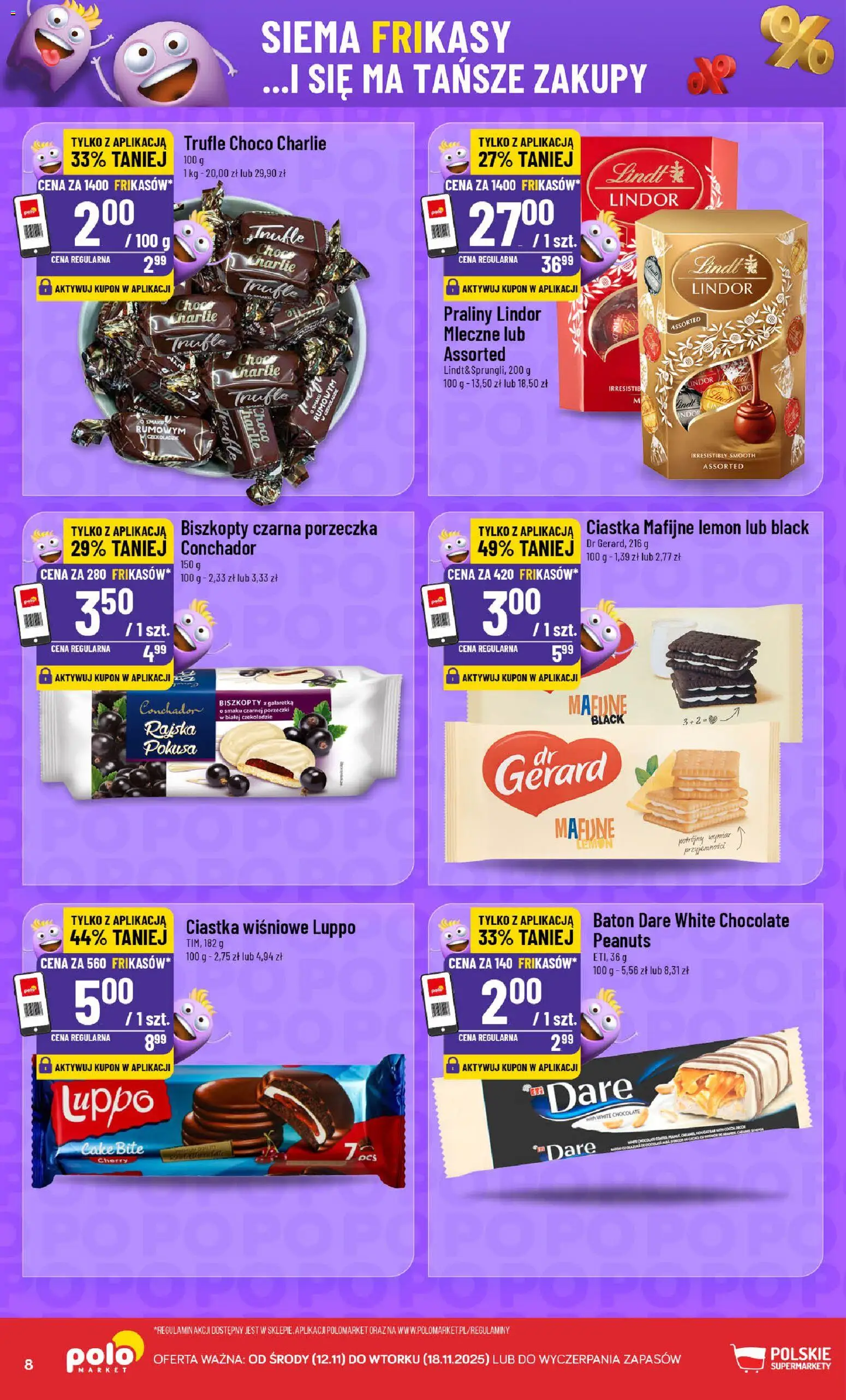 POLOmarket Gazetka - Frikasowe Hity od 12.11.2025 | Strona: 8 | Produkty: Galaretka, Praliny, Ciastka mafijne, Baton