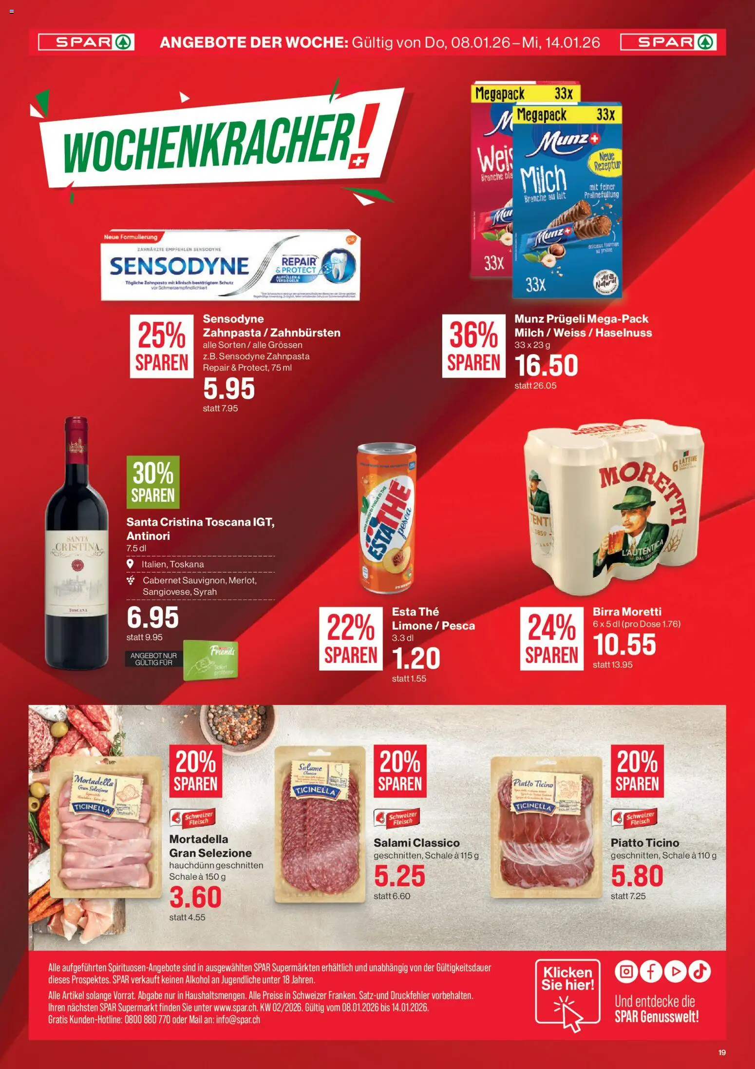 SPAR Aktionen – gültig ab 08.01.2026 | Seite: 19 | Produkte: Zahnpasta, Milch, Salami
