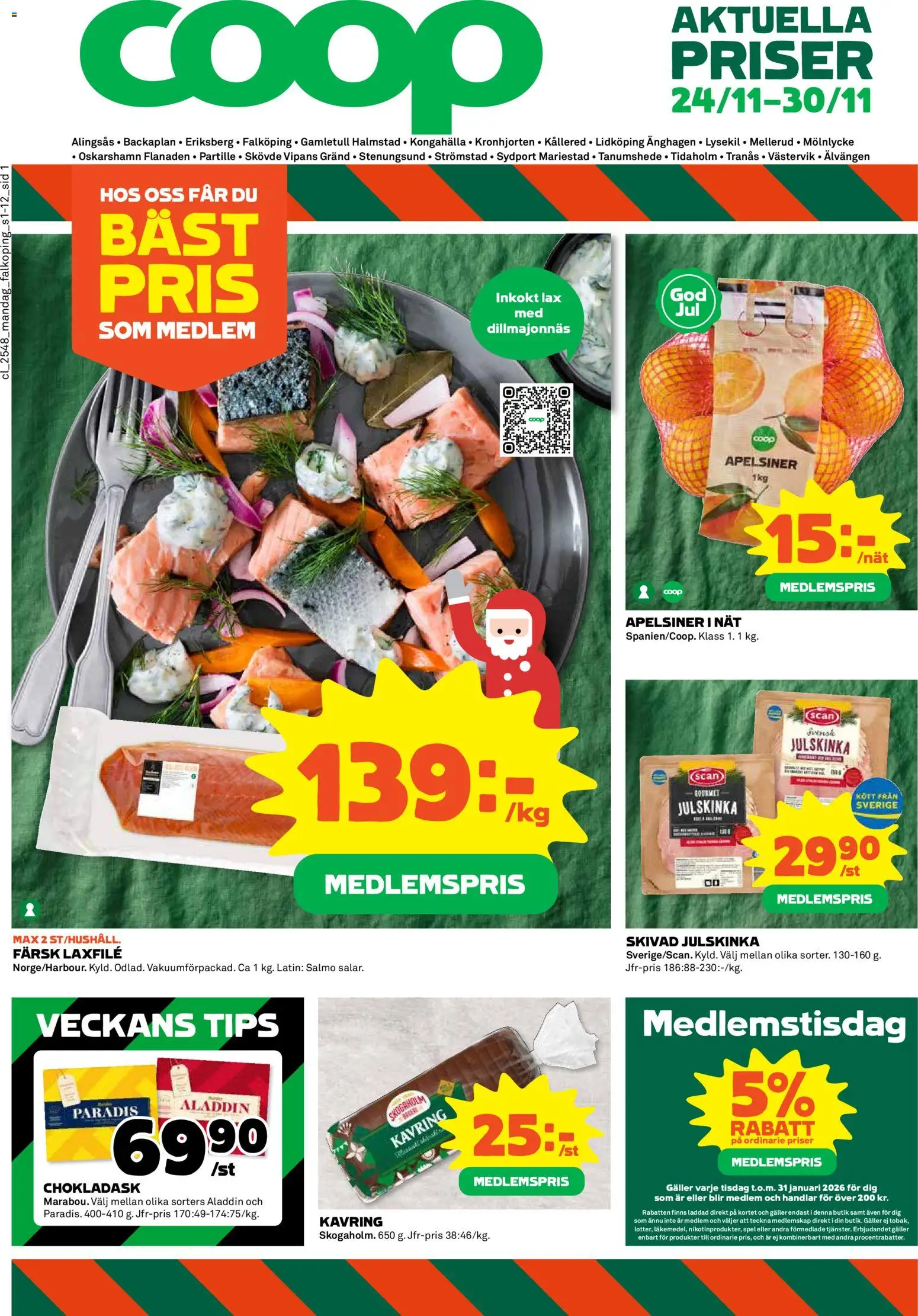 Coop reklamblad aktuell från 24.11.2025 | Sida: 1 | Produkter: Galler, Lax, Apelsiner, Spel