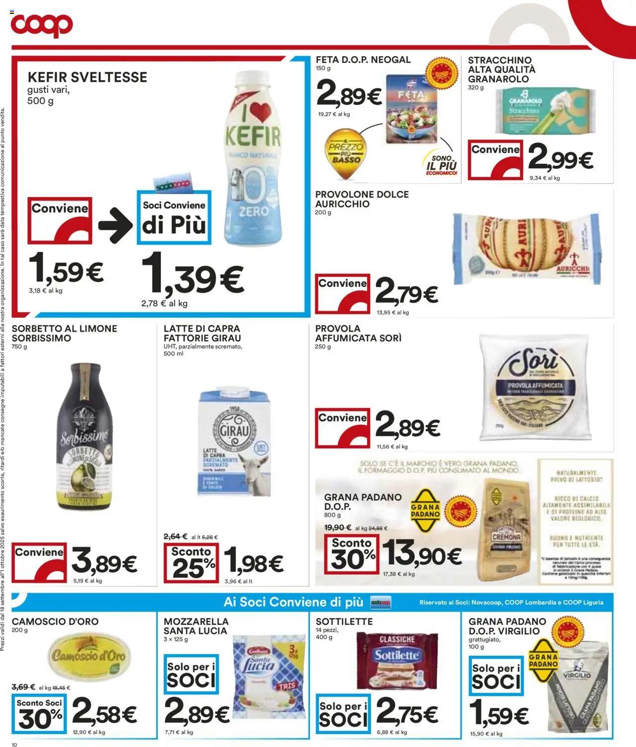 Volantino COOP del 18.09.2025 | Pagina: 10 | Prodotti: Sorbetto, Limone, Grana Padano, Stracchino
