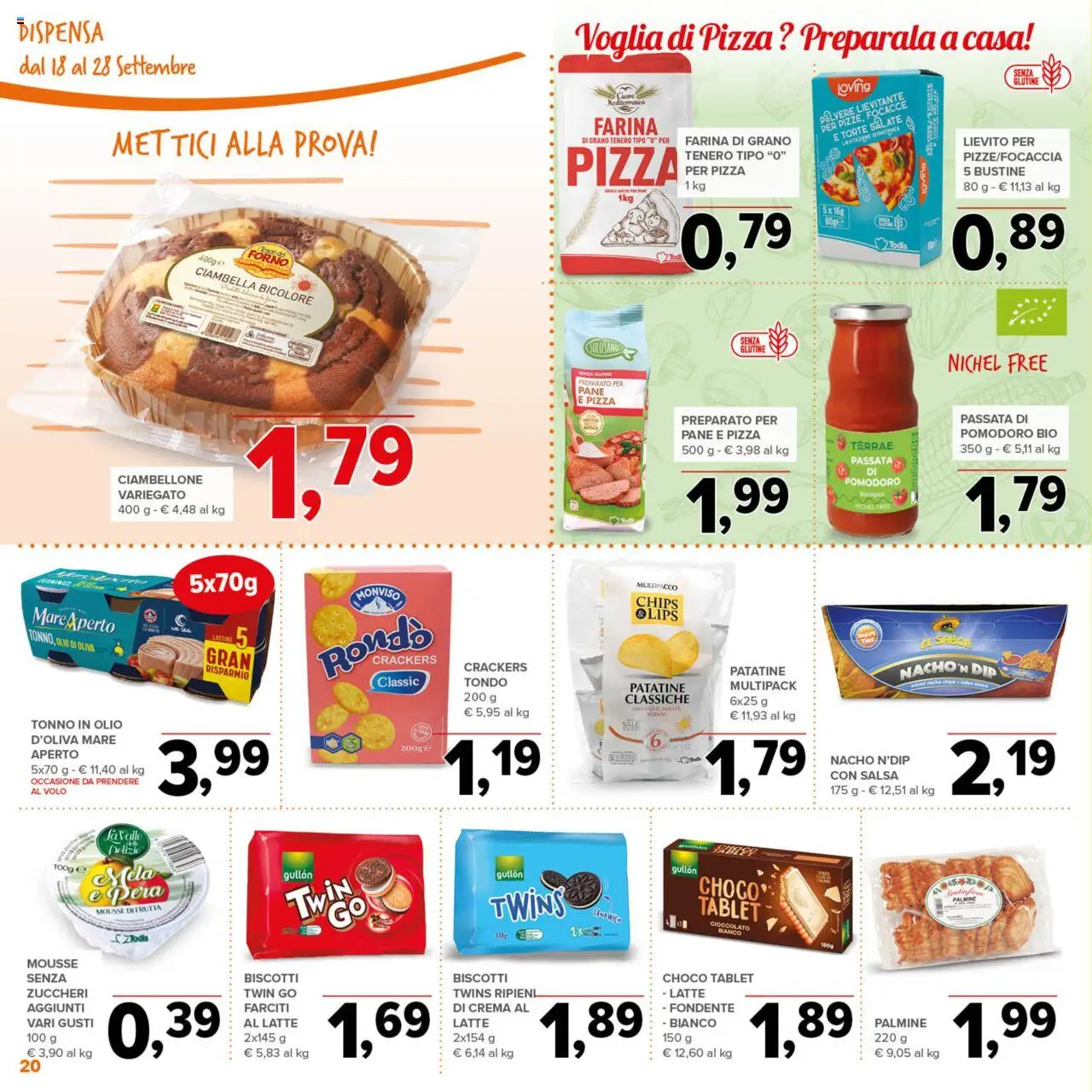 Volantino Todis del 18.09.2025 | Pagina: 20 | Prodotti: Farina, Crackers, Tonno, Forno