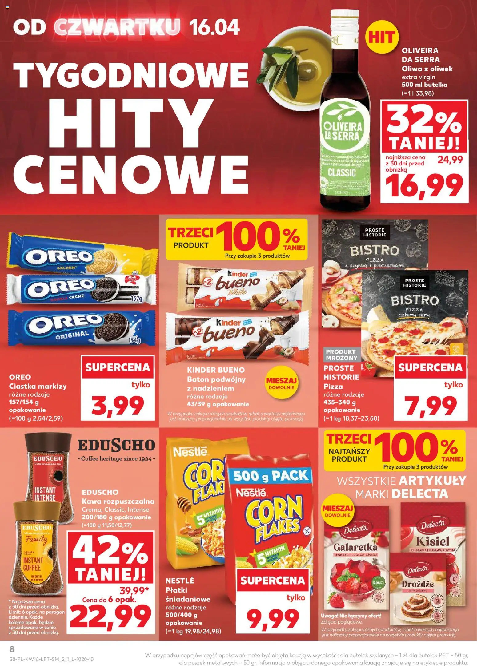 Kaufland gazetka od 16.04.2026 | Strona: 8 | Produkty: Oliwa z oliwek, Kinder Bueno, Kawa, Pizza