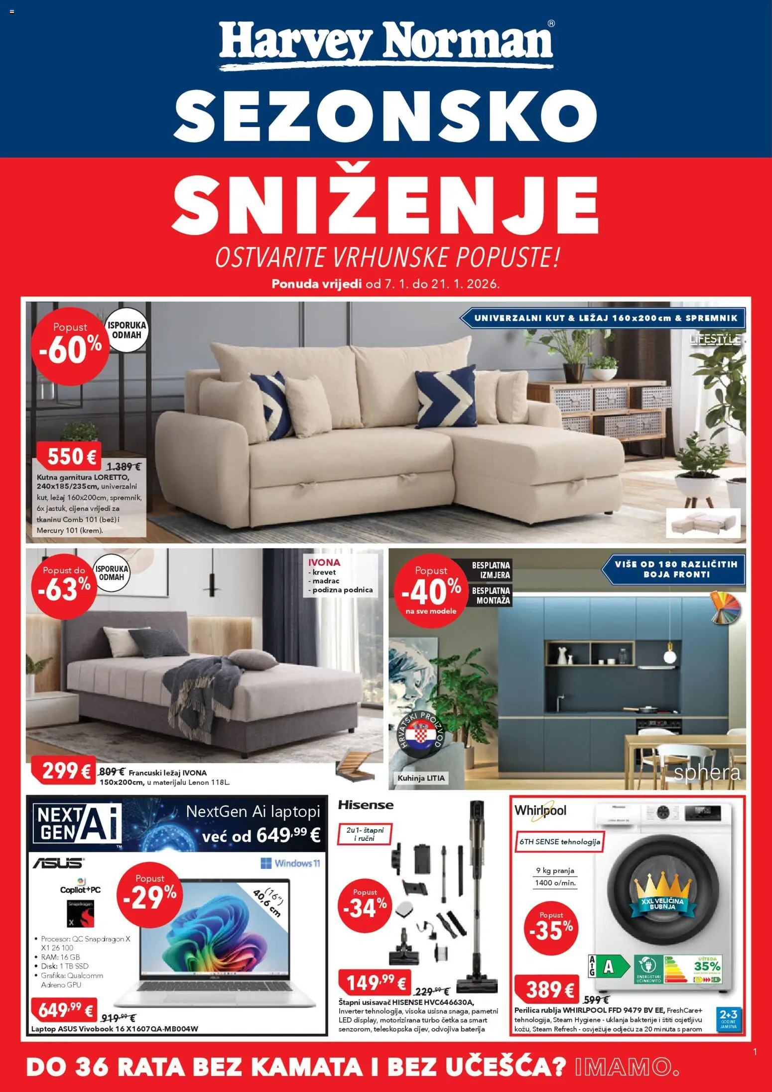 Harvey Norman katalog | vrijedi od 07.01.2026 | Stranica: 1 | Proizvodi: Usisavač, Krevet, Perilica rublja, Kutna garnitura