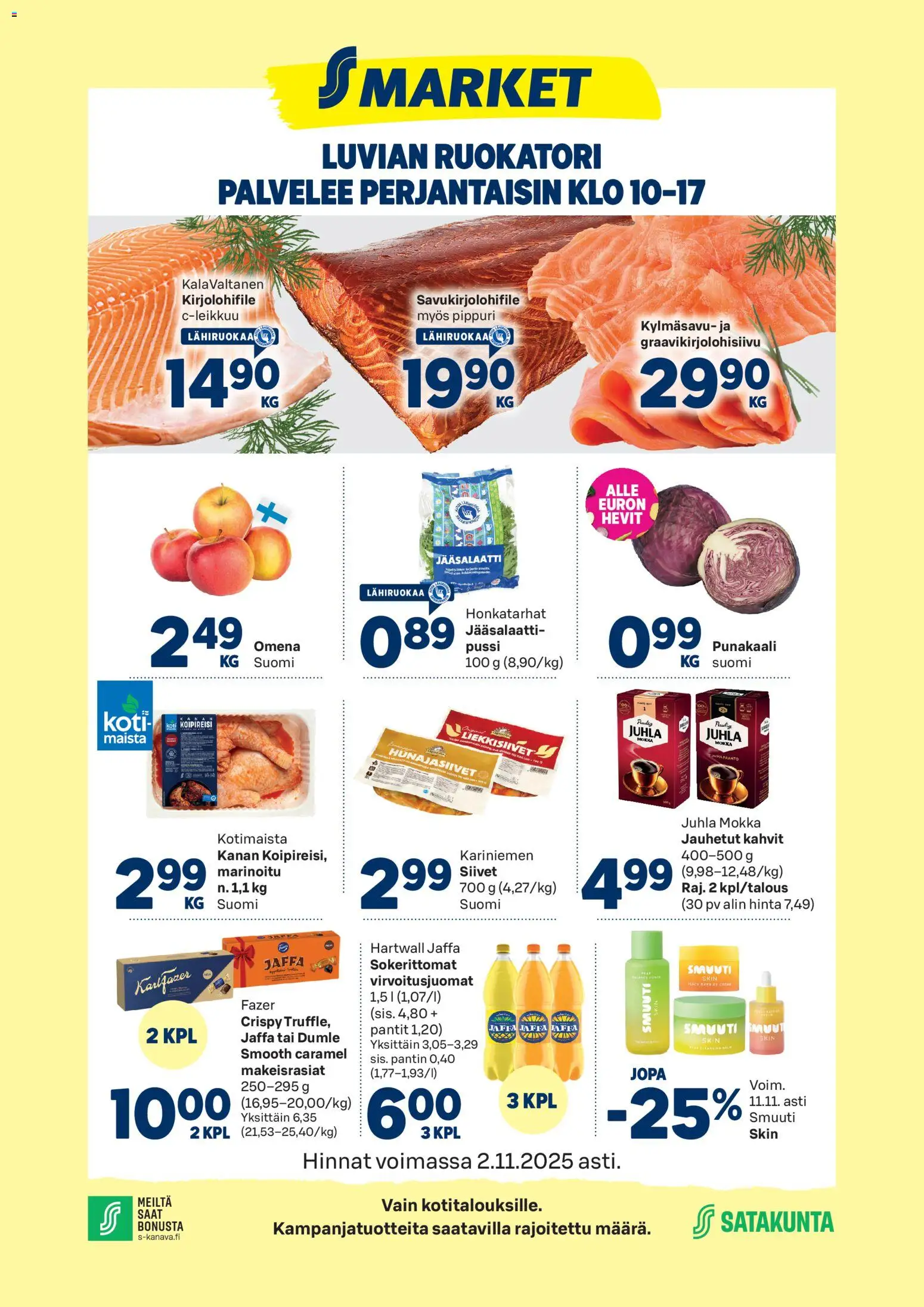 S-market Luvia – voimassa 29.10.2025 alkaen | Sivu: 1 | Tuotteet: Juhla Mokka, Virvoitusjuomat, Pippuri, Punakaali