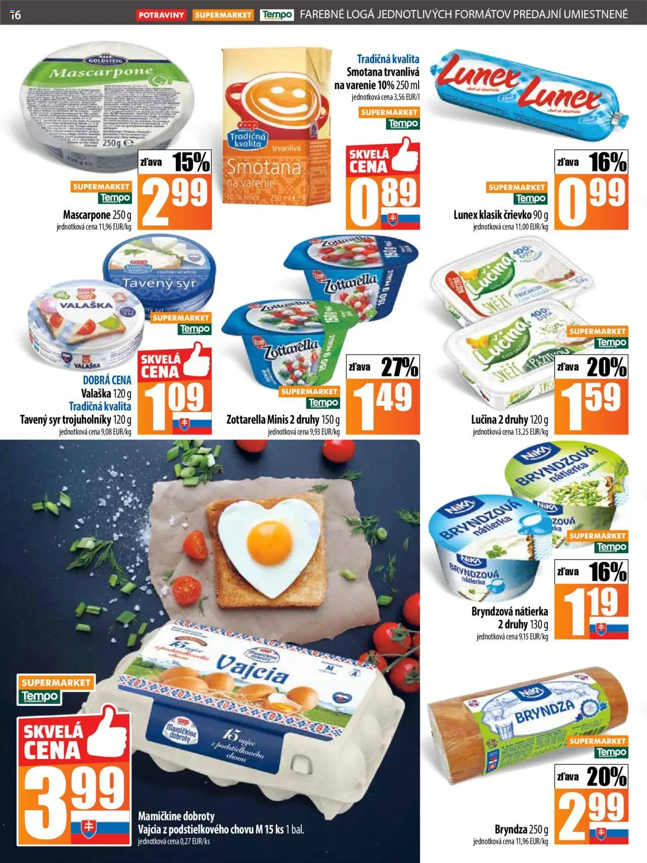 COOP Jednota leták │ platný od 17.07.2025 | Strana: 16 | Produkty: Vajcia, Smotana, Bryndza, Mascarpone