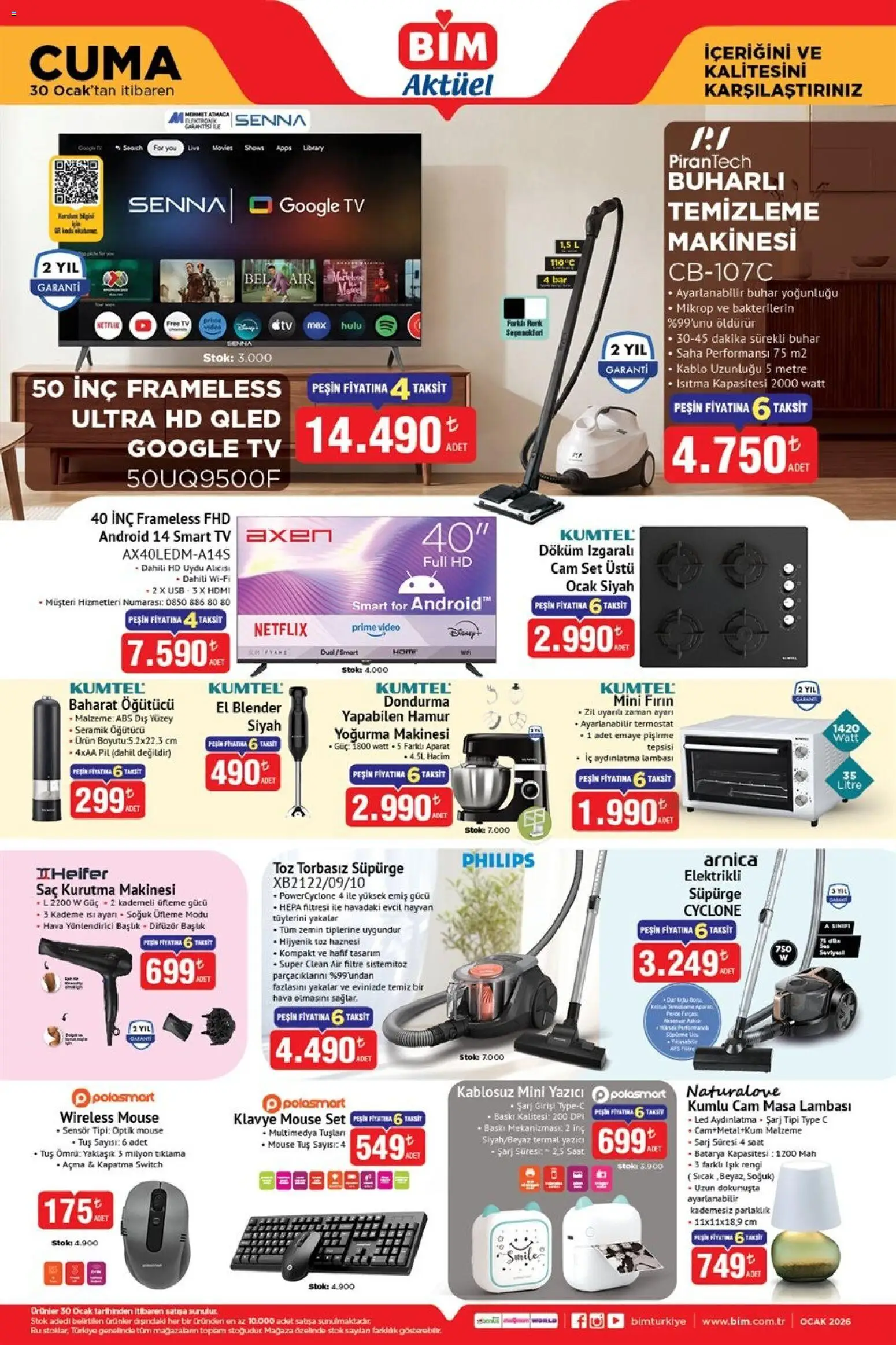 BİM Katalog Cuma - 30.01.2026 tarihinden itibaren geçerlidir | Sayfa: 1 | Ürünler: Pil, Masa lambası, TV, Kablo