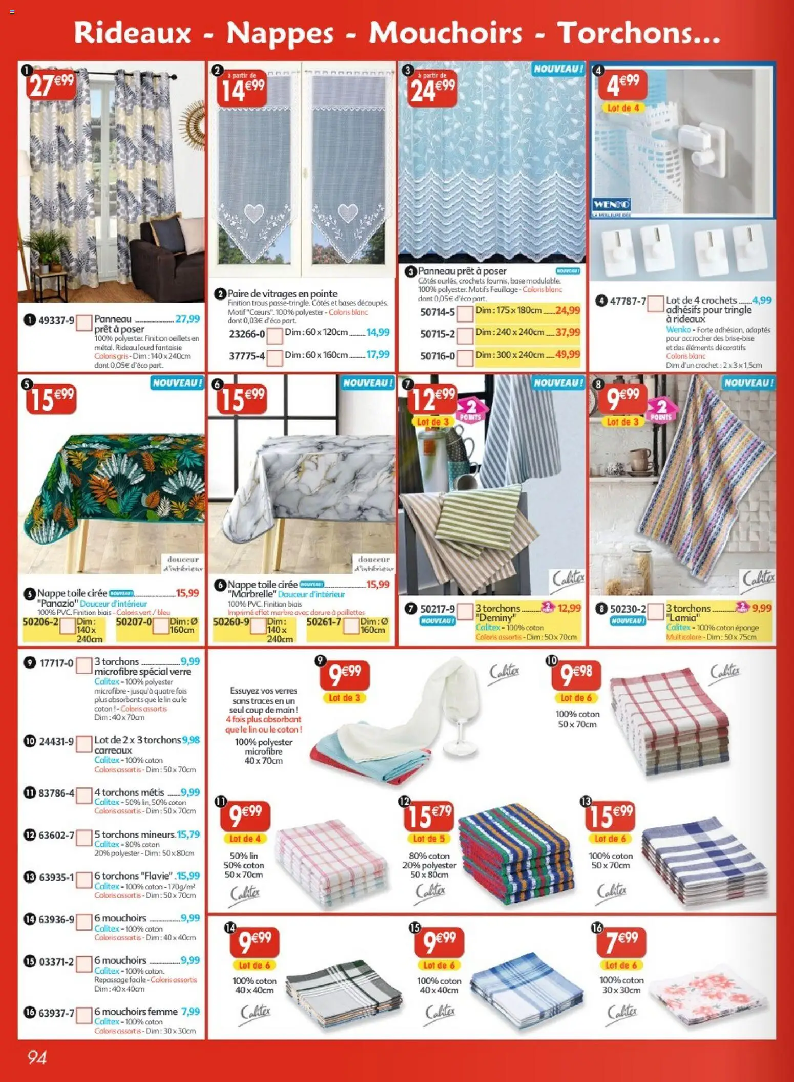 {H1} | Page: 94 | Produits: Base, Coton, Mouchoirs, Rideau