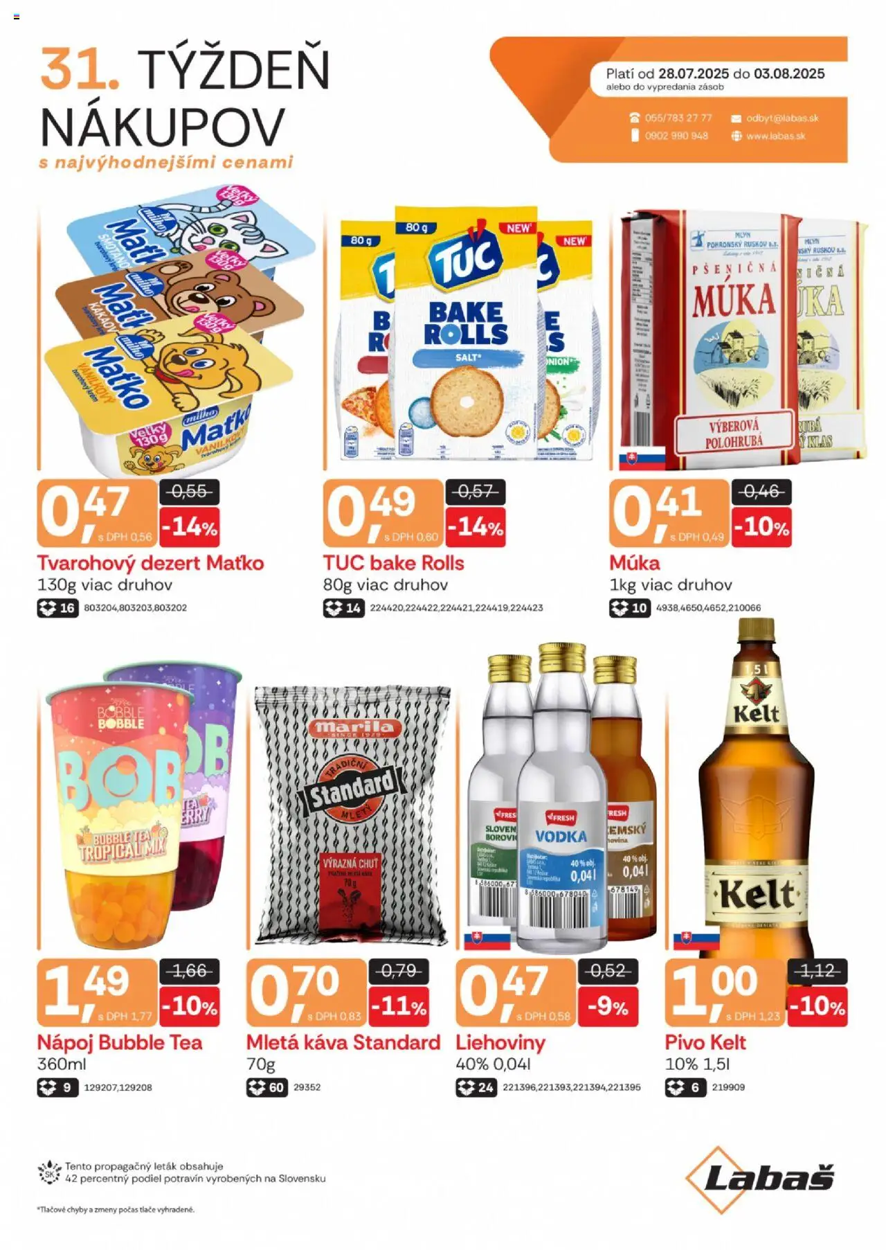 Labaš leták │ platný od 28.07.2025 | Strana: 1 | Produkty: Pivo, Káva, Kelt, Vodka
