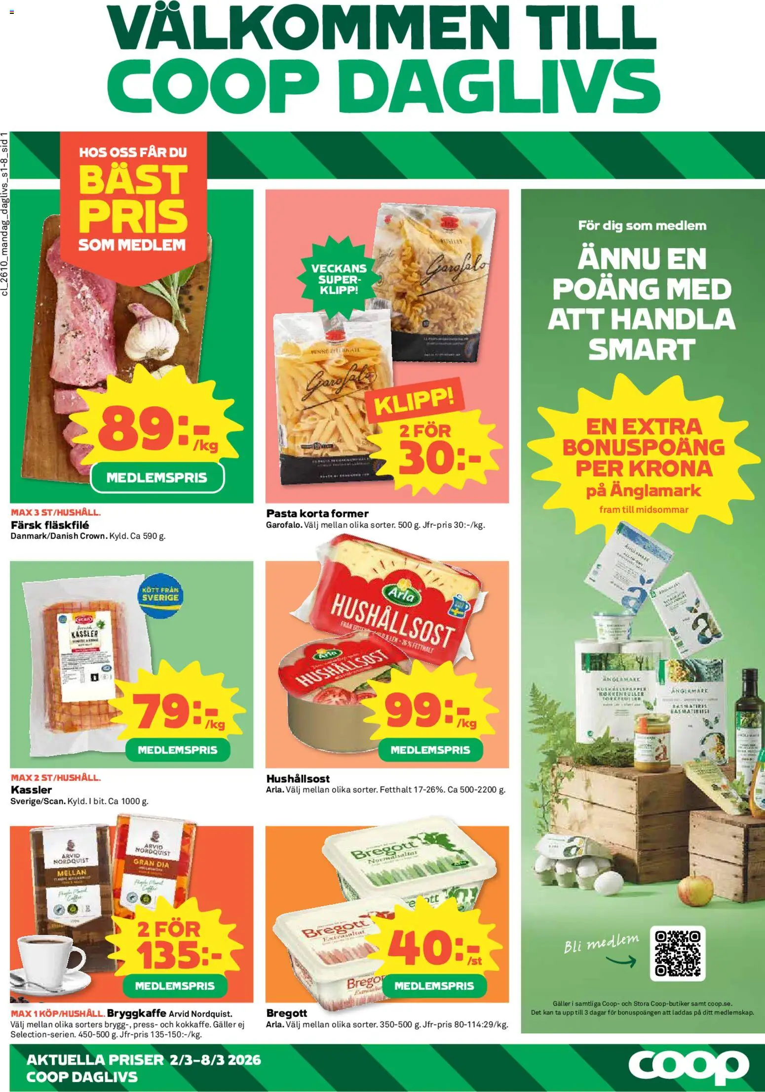Coop Daglivs reklamblad aktuell från 02.03.2026 | Sida: 1 | Produkter: Kassler, Galler, Hushållsost, Pasta
