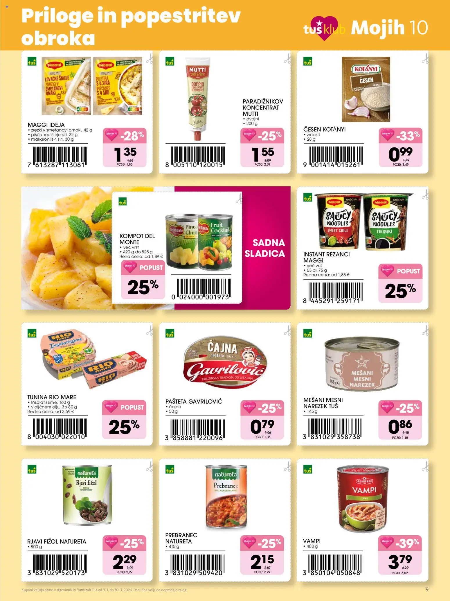 Novi Tuš katalog ponudbe – veljaven od 09.01.2026 | Stran: 9 | Izdelki: Pašteta, Narezek, Zrezki, Cesen