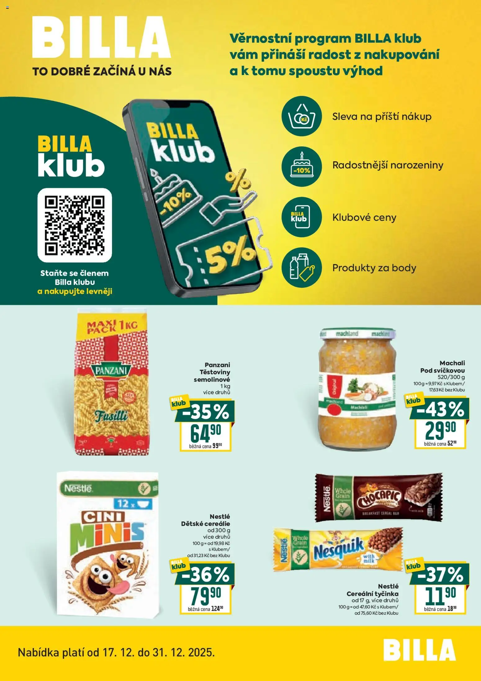 Billa leták - Bonus club od 17.12.2025 | Strana: 1 | Produkty: Cereálie, Nesquik, Chocapic, Body
