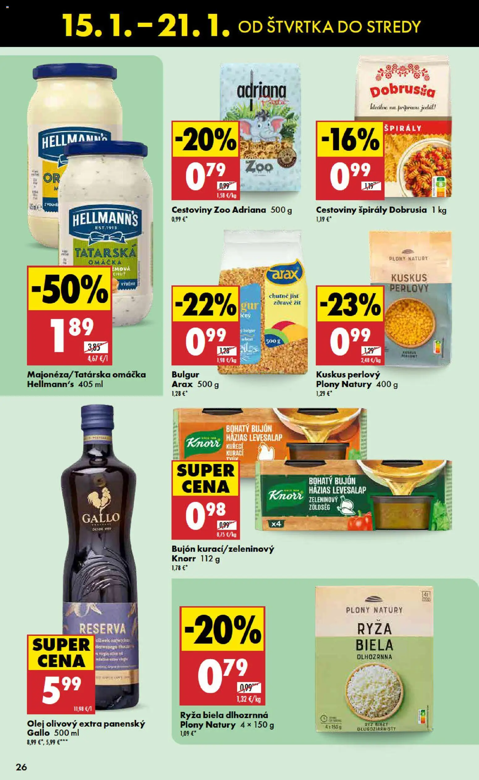 Nové Biedronka akcie – leták je platný od 15.01.2026 | Strana: 26 | Produkty: Olej, Bujón, Ryža, Cestoviny