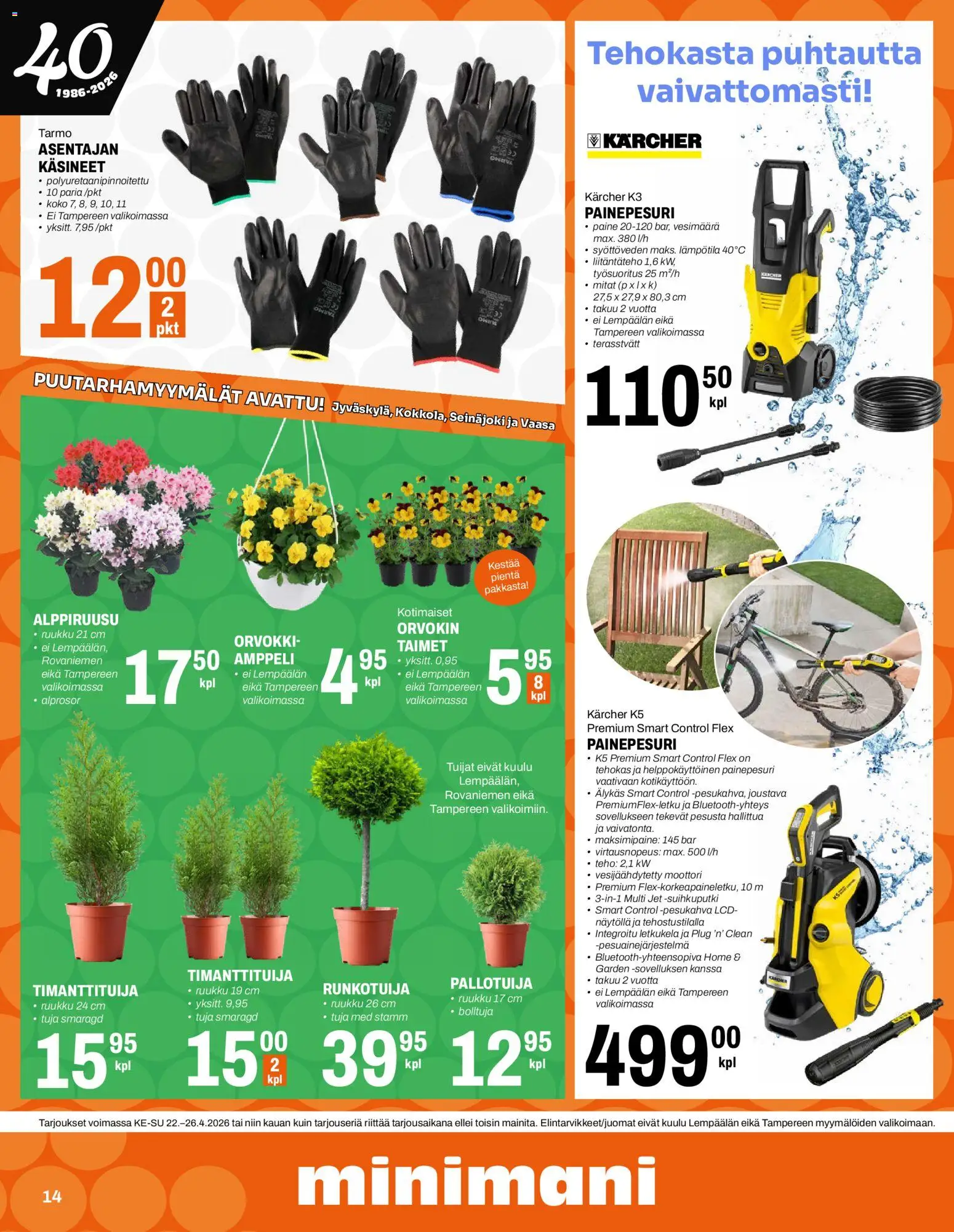 Minimani tarjoukset – voimassa 22.04.2026 alkaen | Sivu: 14 | Tuotteet: Painepesuri, Käsineet