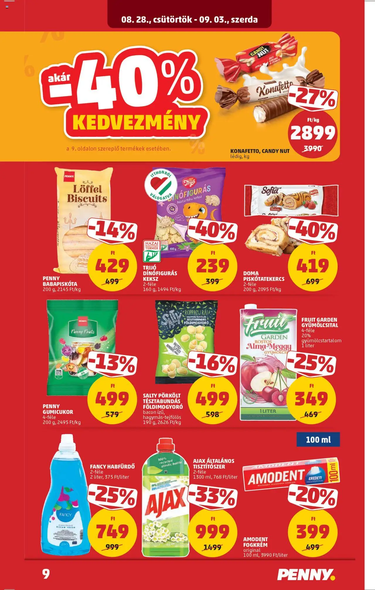 PENNY akciós ujság - amely érvényes a következő dátumtól: 28.08.2025 | Oldal: 9 | Termékek: Gyümölcsital, Habfürdő, Fogkrém, Földimogyoró