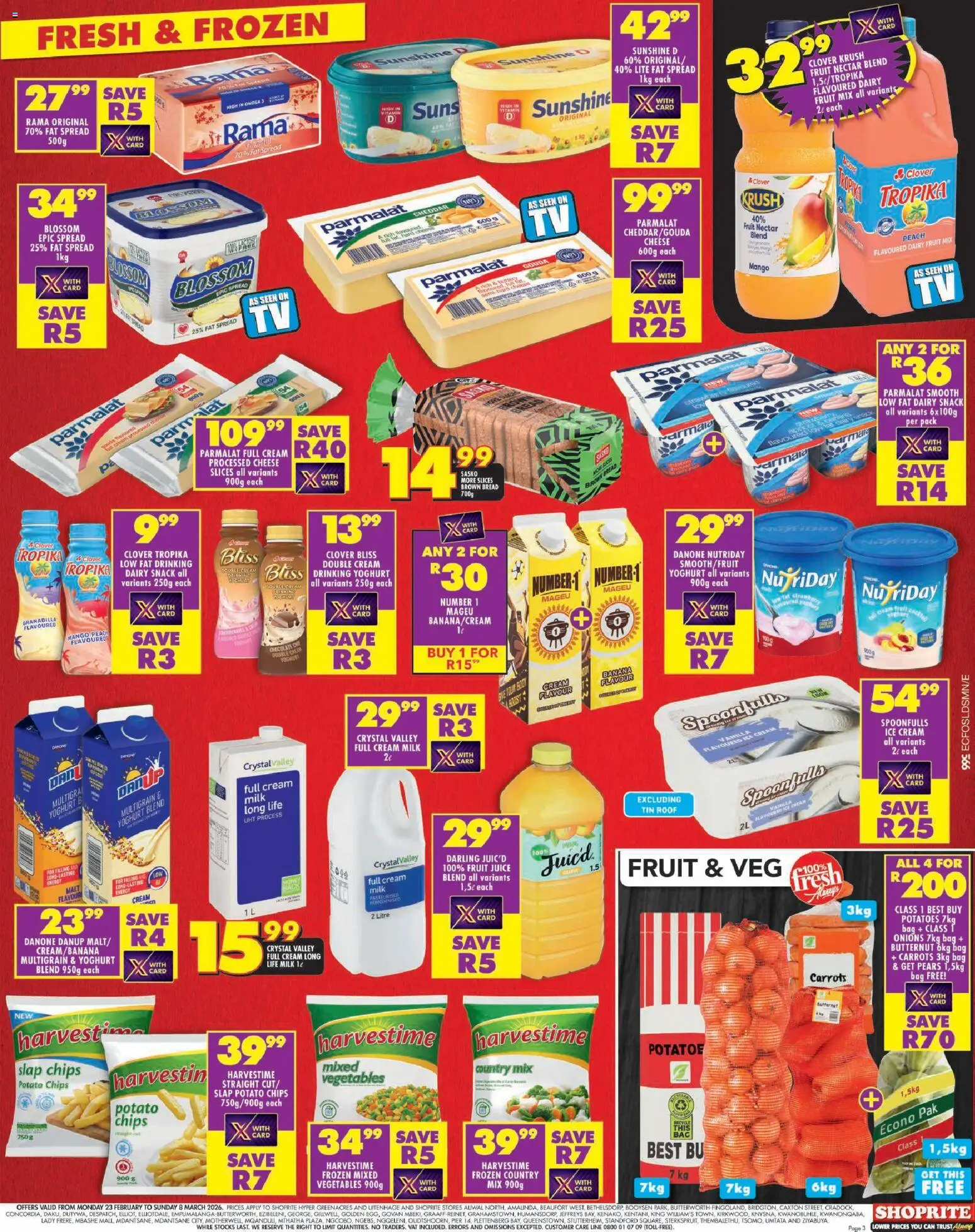 New Shoprite catalogue – valid from 23.02.2026 | Page: 3 | Products: Yoghurt, Chips, Cream, Vegetables