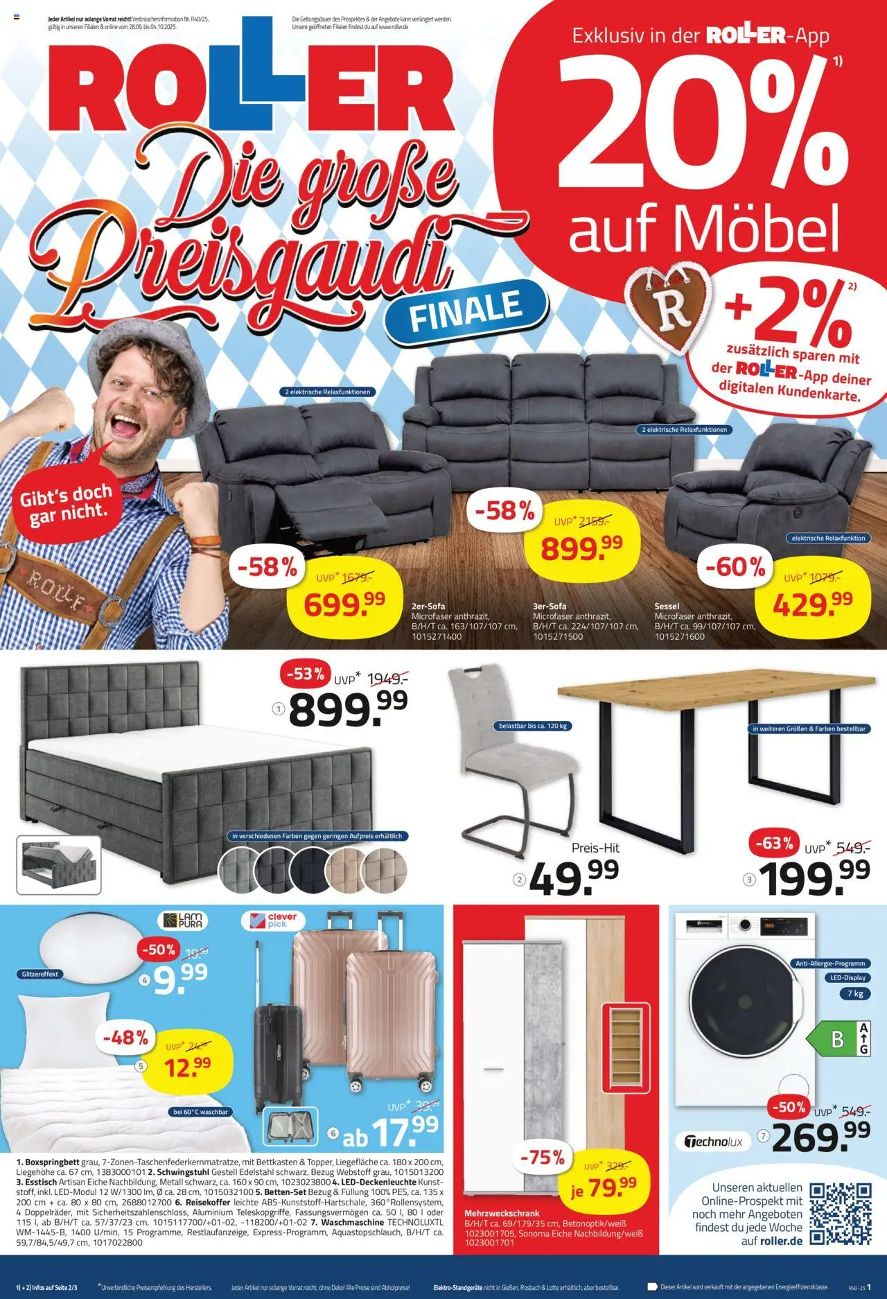 Roller Prospekt 	 – gültig ab 28.09.2025 | Seite: 1 | Produkte: Sessel, Boxspringbett, Bettenset, Waschmaschine