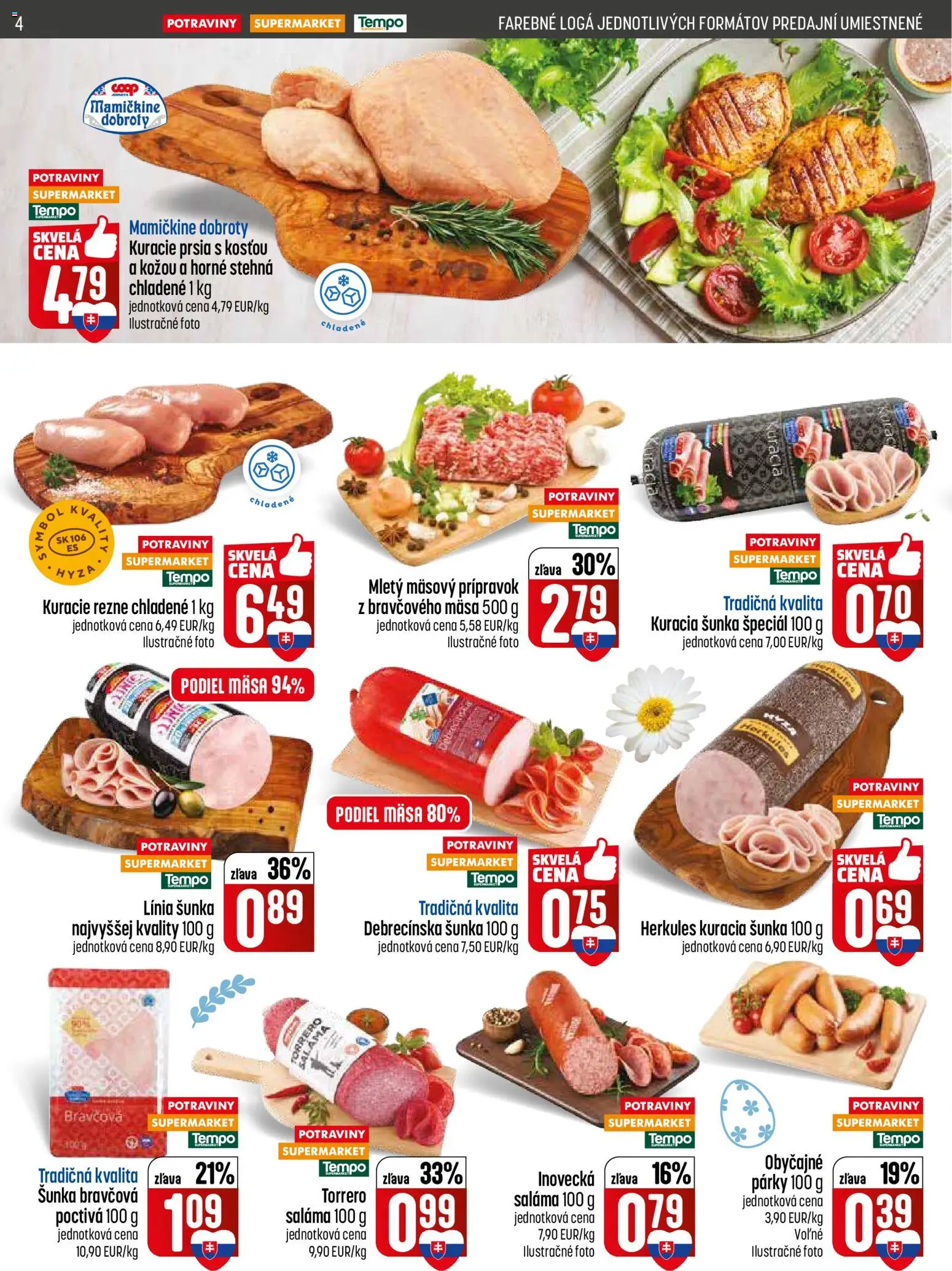 Nové COOP Jednota akcie – leták je platný od 05.03.2026 | Strana: 4 | Produkty: Šunka, Kuracie prsia, Kuracie rezne, Párky