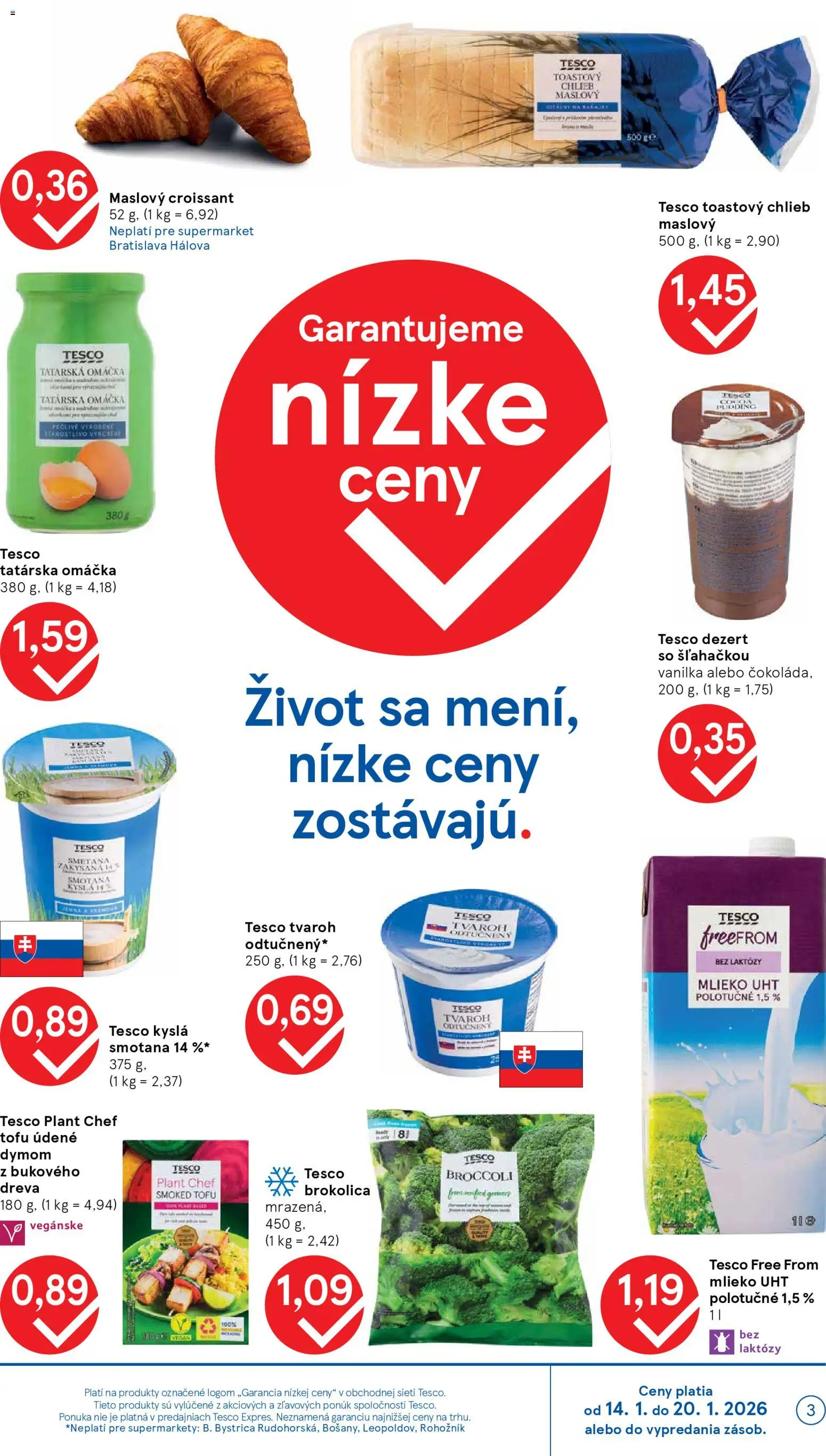 Nové Tesco akcie – leták je platný od 14.01.2026 | Strana: 3 | Produkty: Chlieb, Tofu, Tvaroh, Tatárska omáčka