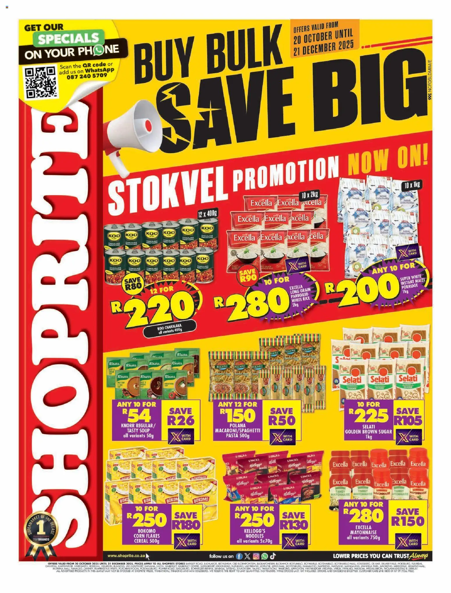 New Shoprite catalogue – valid from 20.10.2025 | Page: 1 | Products: Corn, Phone, Pasta, Mayonnaise