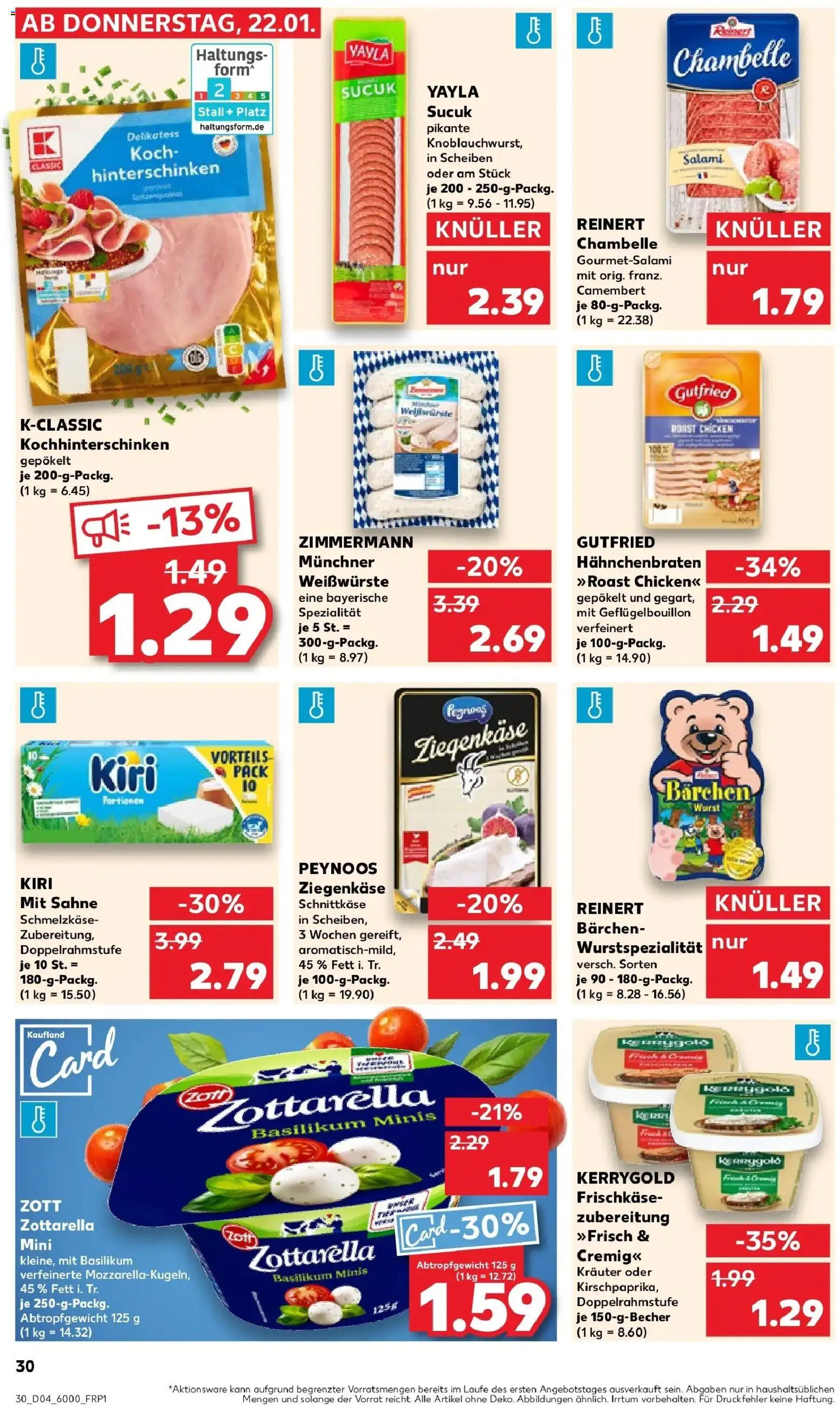 Kaufland prospekt Hanau	 – gültig ab 25.01.2026 | Seite: 30 | Produkte: Mozzarella, Ziegenkäse, Wurst, Salami