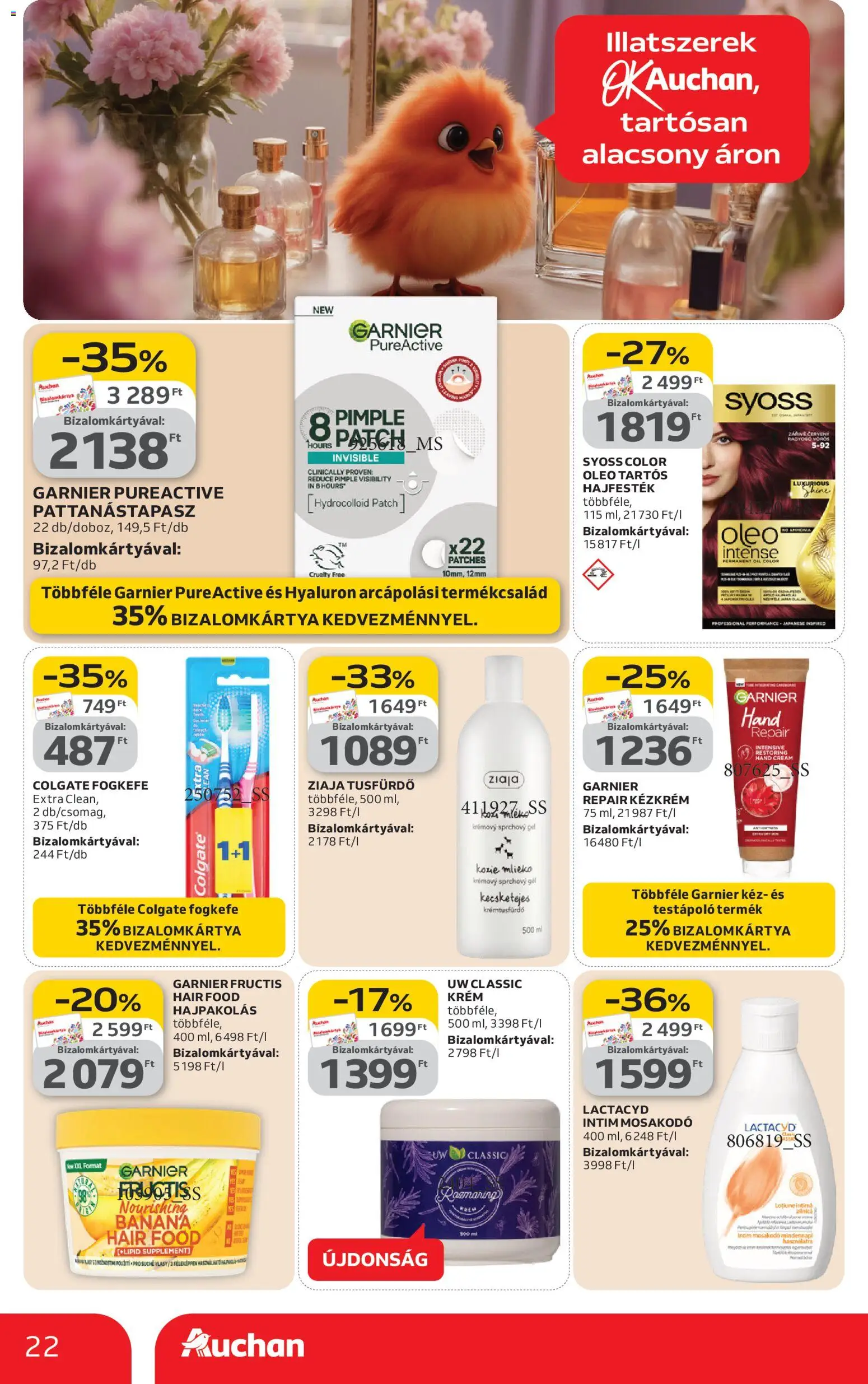 Auchan akciós ujság - amely érvényes a következő dátumtól: 05.02.2026 | Oldal: 22 | Termékek: Hajfesték, Testápoló, Tusfürdő, Fogkefe