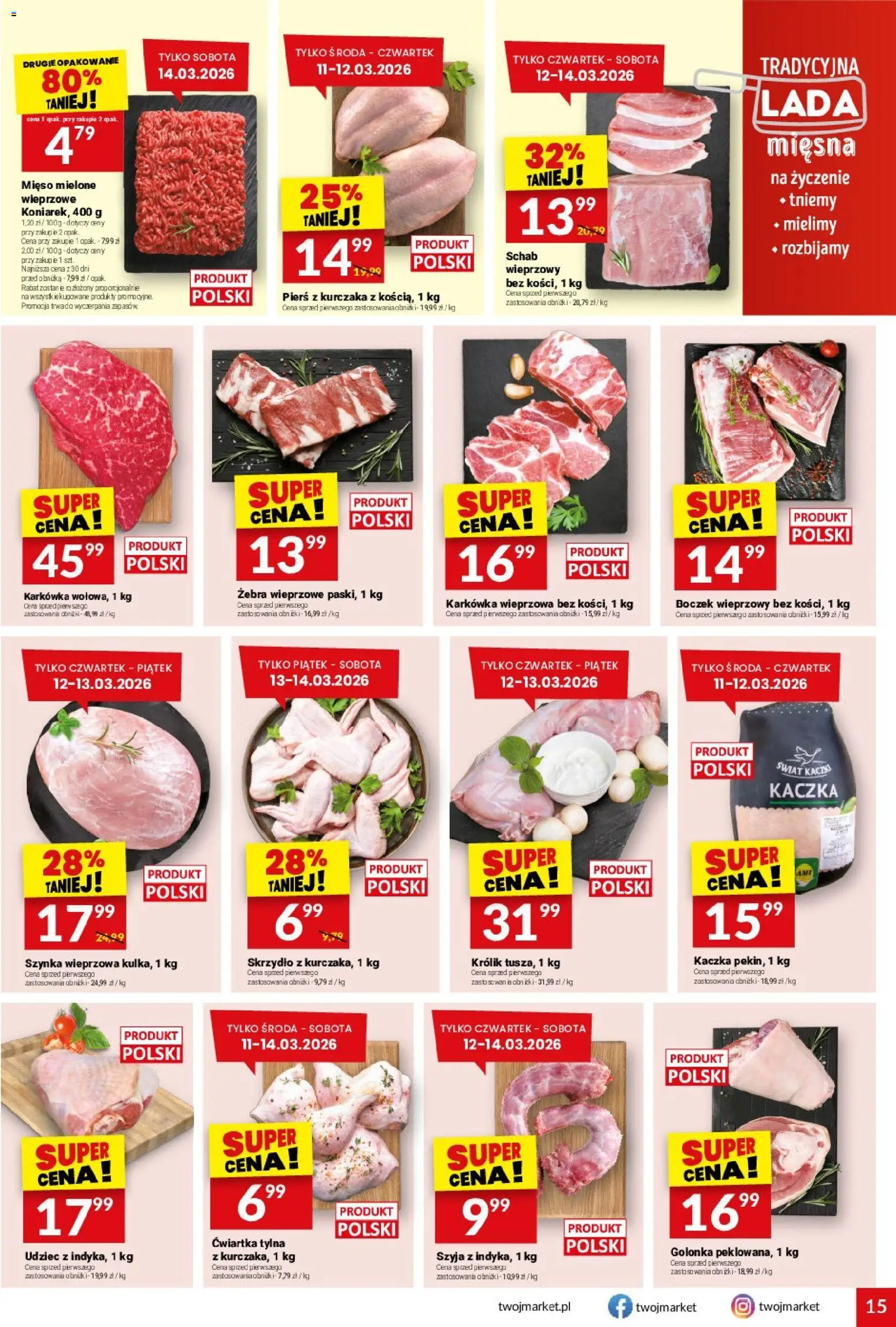 Twój Market gazetka od 11.03.2026 | Strona: 15 | Produkty: Mak, Karkówka, Boczek wieprzowy, Mięso mielone