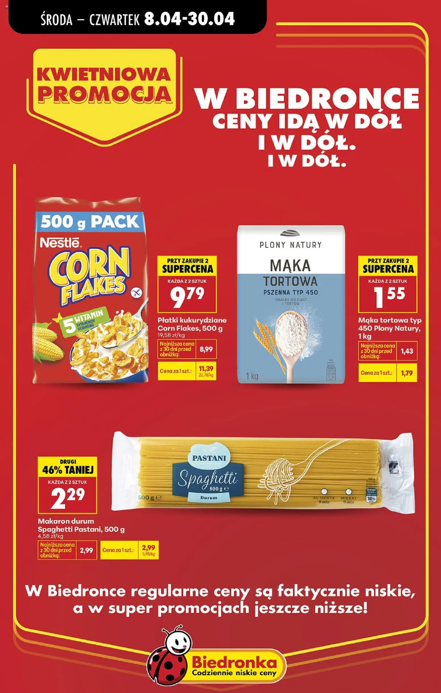 Biedronka gazetka - Kwietniowa promocja od 08.04.2026 | Strona: 3 | Produkty: Makaron durum, Płatki kukurydziane, Makaron, Corn Flakes
