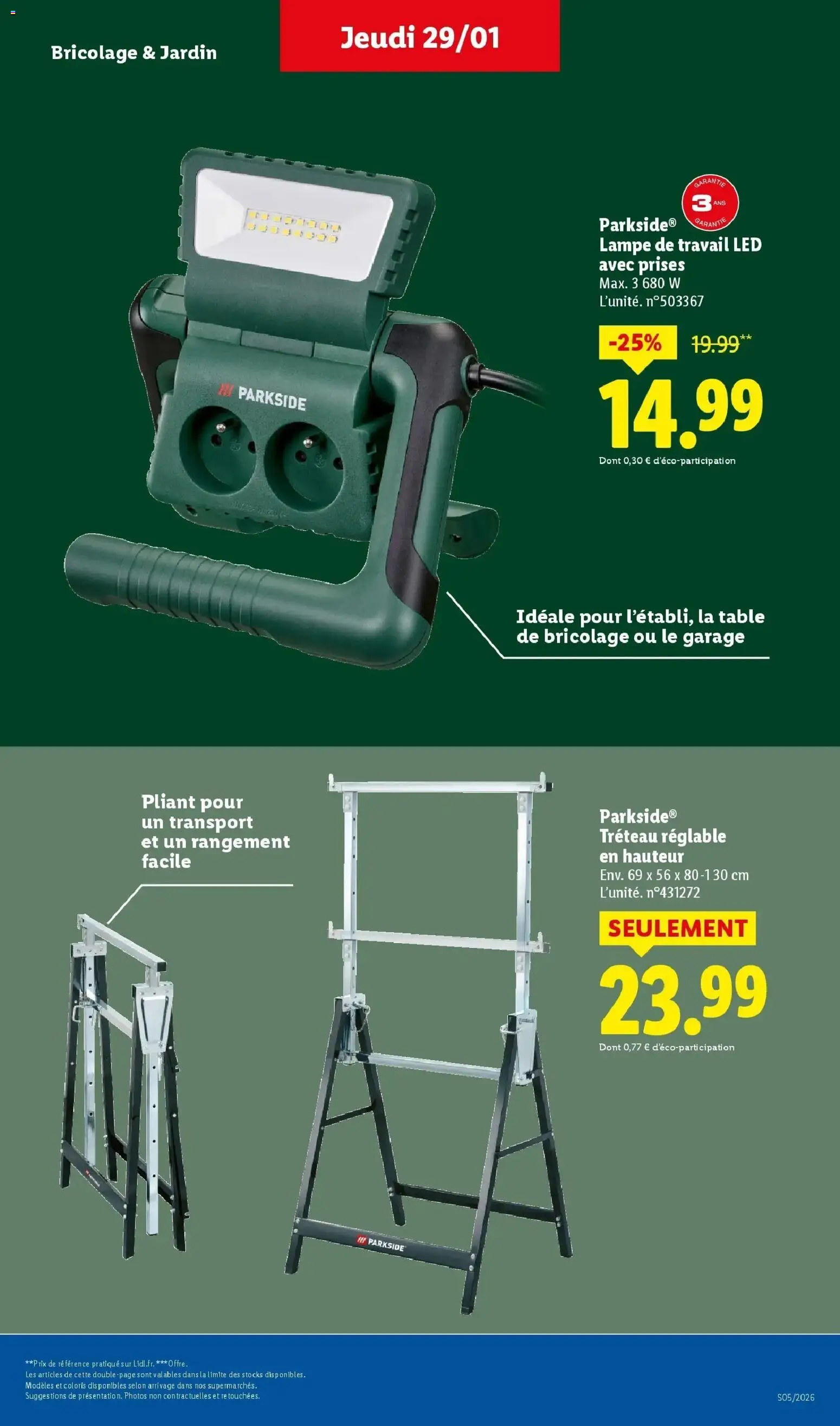 Catalogue LIDL du 28/01/2026 | Promo prospectus en ligne | Page: 47 | Produits: Tréteau, Prises, Table, Lampe
