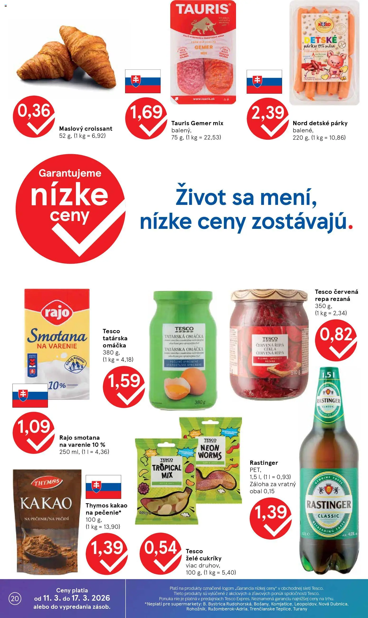 Nové Tesco akcie – leták je platný od 11.03.2026 | Strana: 20 | Produkty: Smotana, Cukríky, Tatárska omáčka, Červená repa