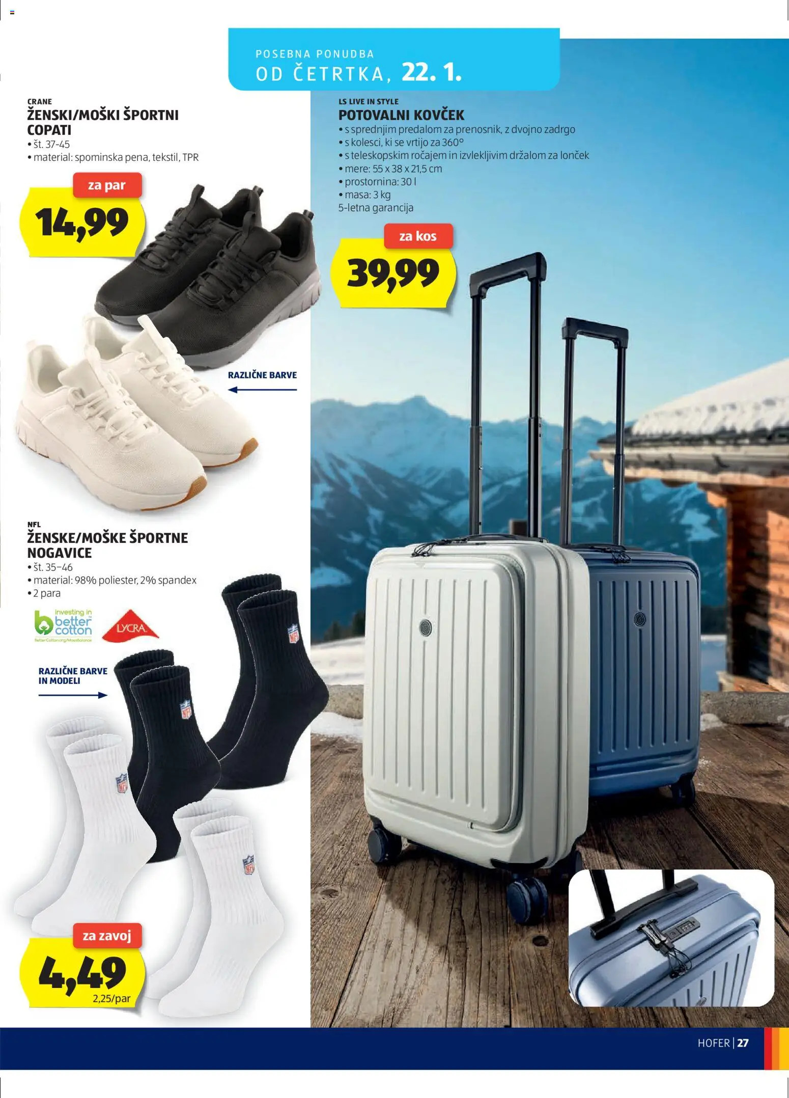 Novi Hofer katalog ponudbe – veljaven od 14.01.2026 | Stran: 27 | Izdelki: Športne nogavice, Kos, Copati, Kovcek