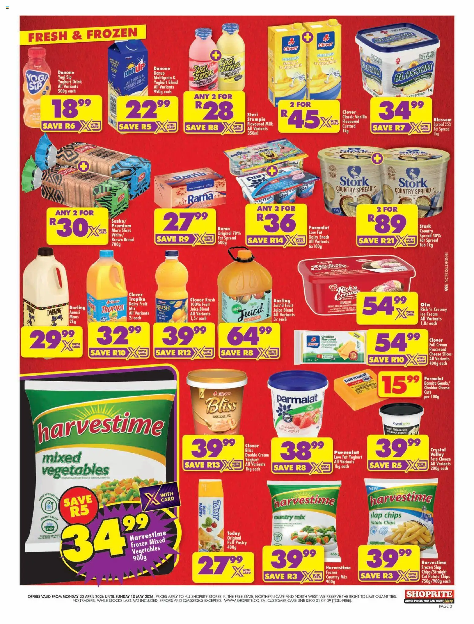 New Shoprite catalogue – valid from 20.04.2026 | Page: 3 | Products: Yoghurt, Milk, Chips, Fat spread
